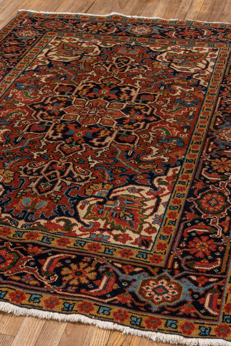 4' x 6' one-of-a-kind handmade vintage Heriz small size rug. Color palette: arapawa, black, blue, brown, dim gray, gray