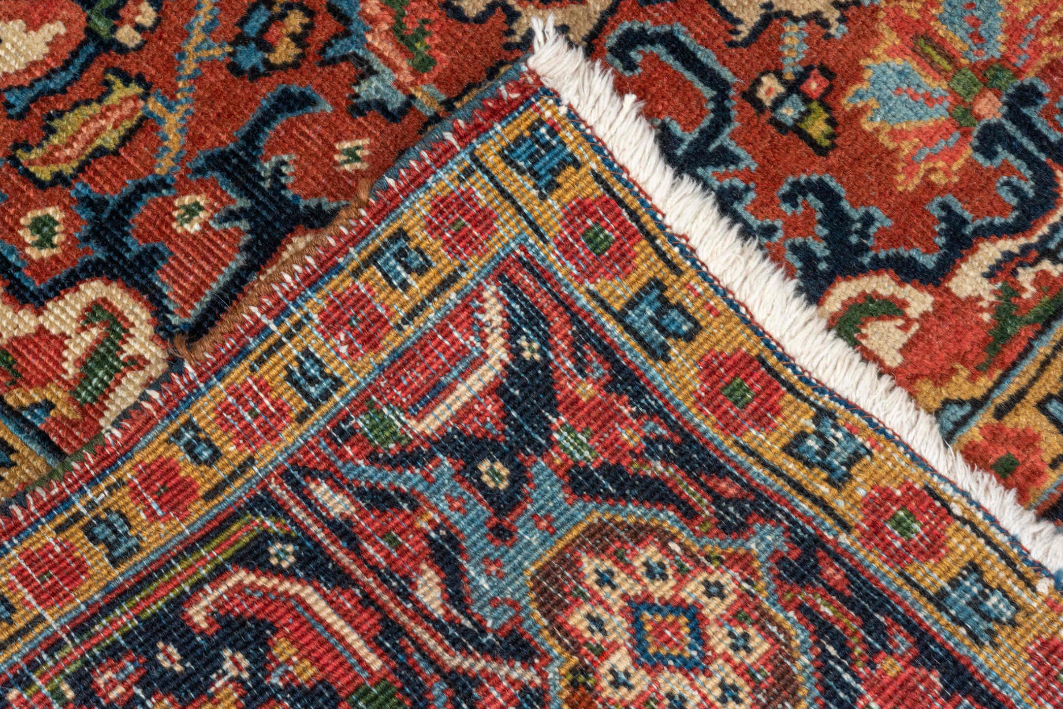 4' x 6' one-of-a-kind handmade vintage Heriz small size rug. Color palette: arapawa, black, blue, brown, dim gray, gray