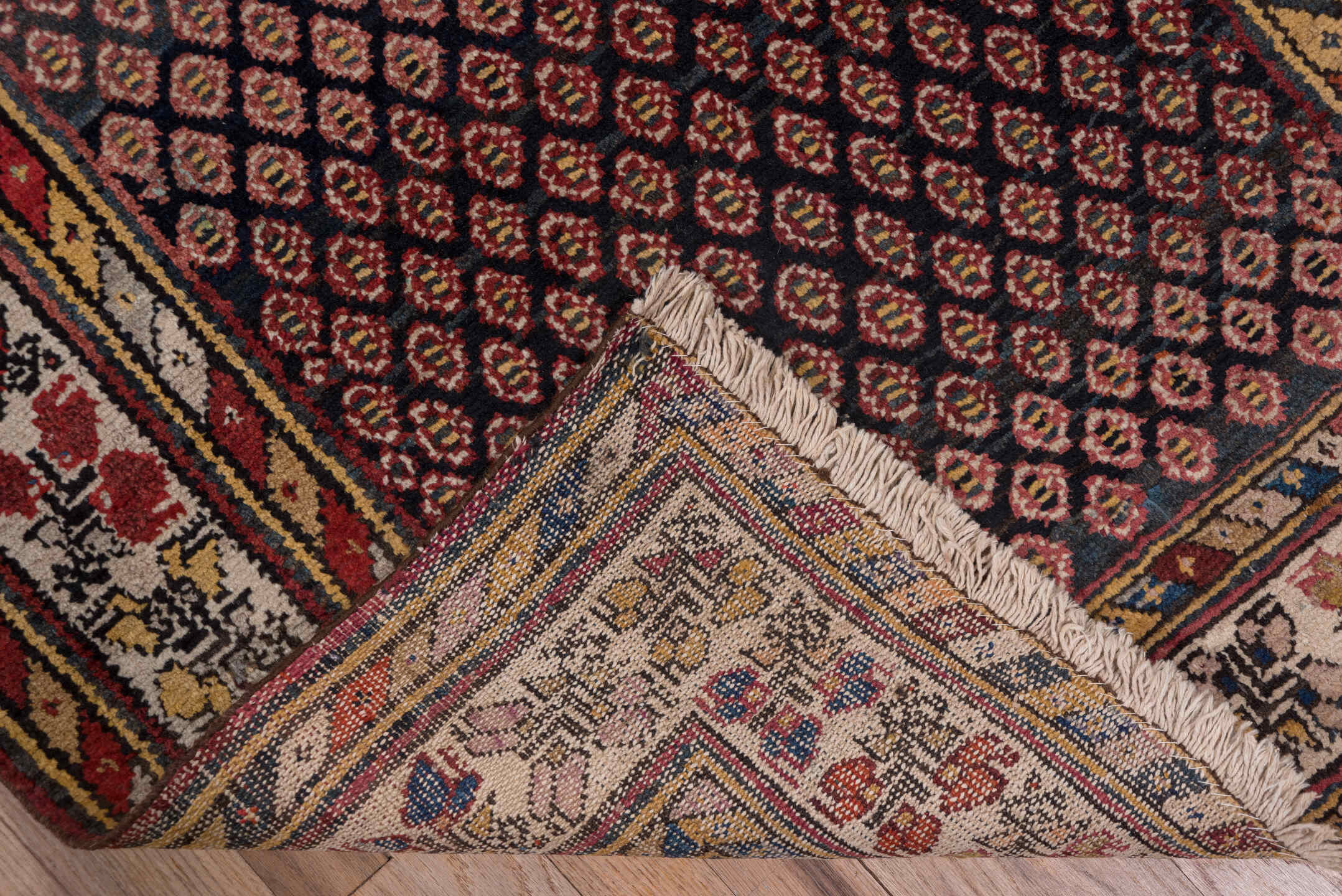 3' x 12' one-of-a-kind handmade antique Malayer runner rug. Color palette: navy, ivory, rust, burgundy, camel, indigo, gold