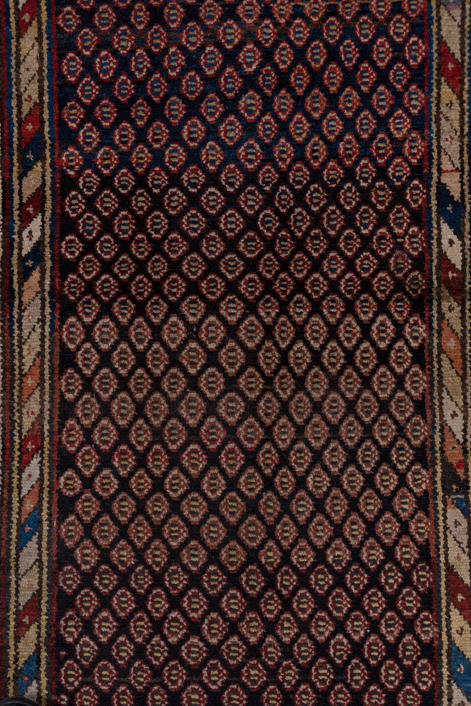 3' x 12' one-of-a-kind handmade antique Malayer runner rug. Color palette: navy, ivory, rust, burgundy, camel, indigo, gold