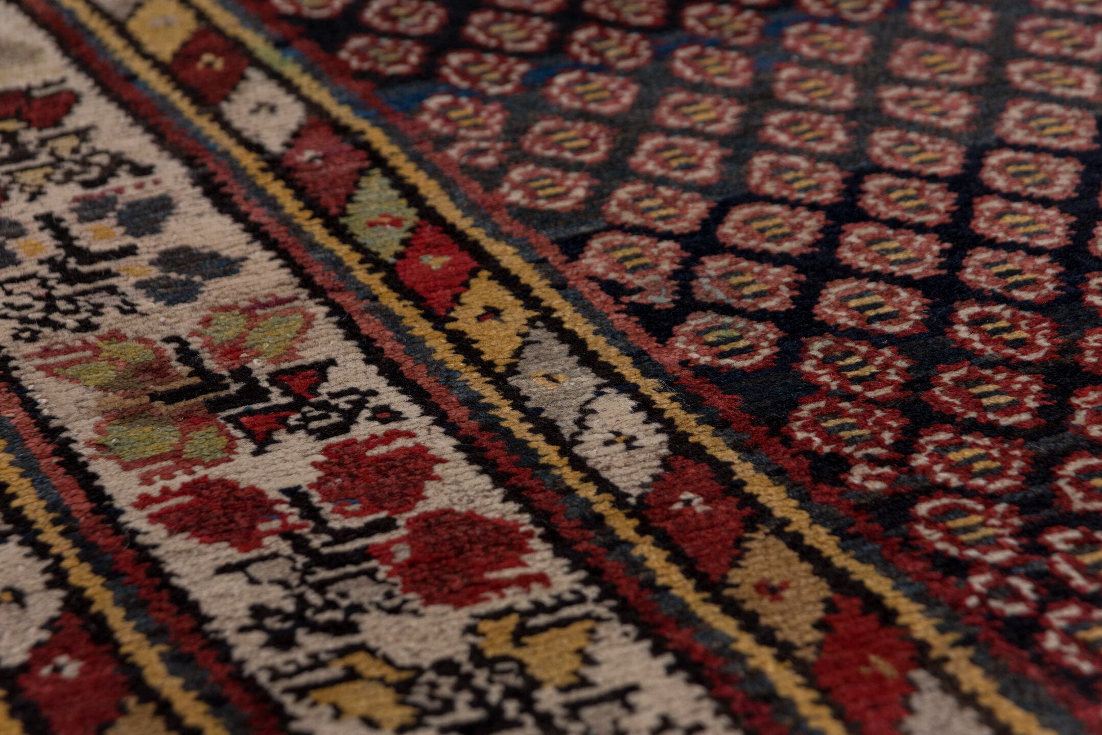 3' x 12' one-of-a-kind handmade antique Malayer runner rug. Color palette: navy, ivory, rust, burgundy, camel, indigo, gold