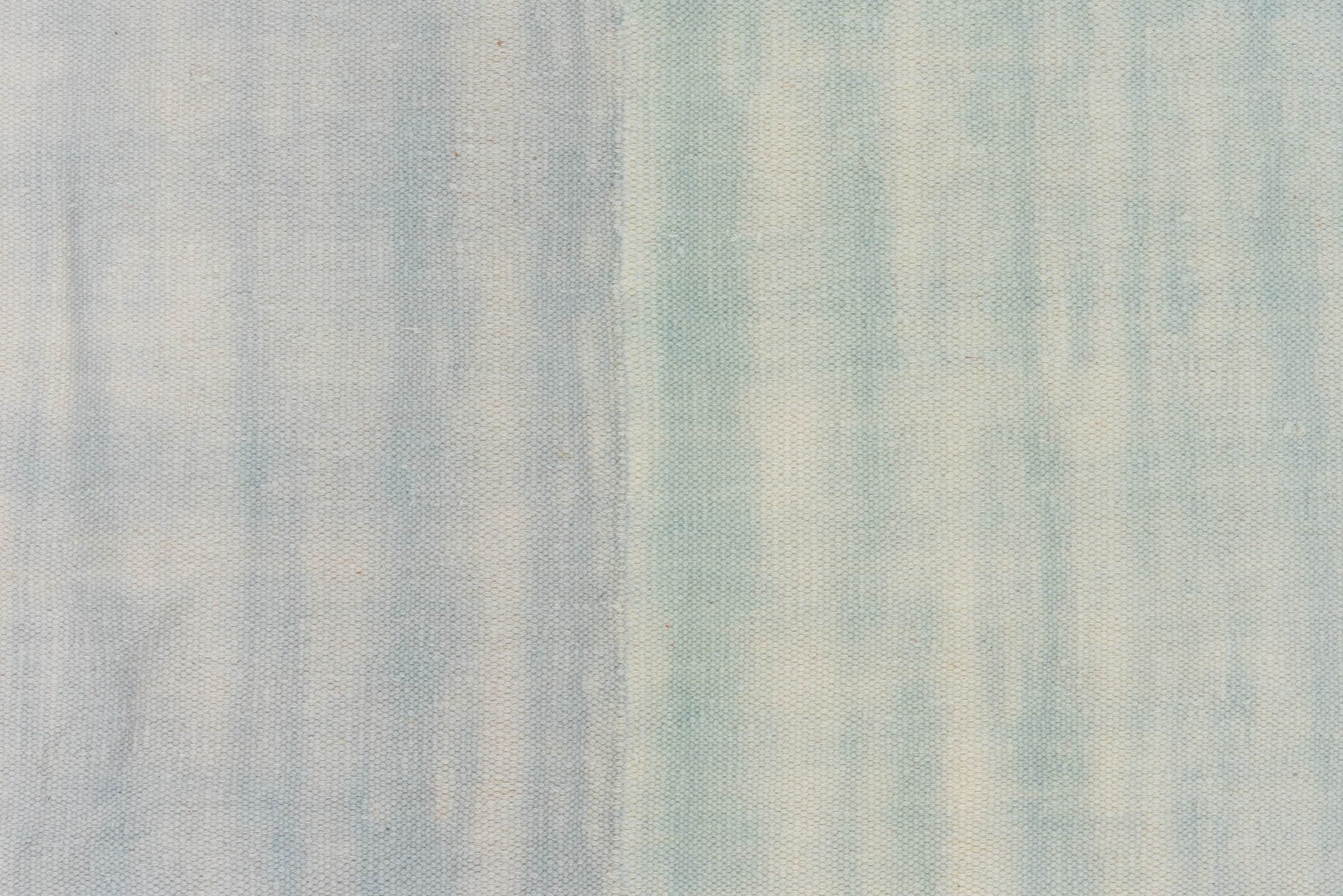 9' x 14' one-of-a-kind handmade antique Dhurrie large size rug. Color palette: ivory, pale blue, sky blue, light blue