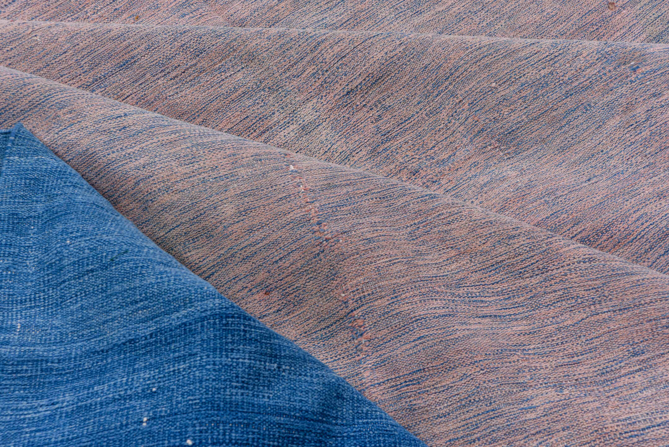 12' x 19' one-of-a-kind handmade vintage Dhurrie oversize rug. Color palette: blush, blue, powder blue, rose, pink