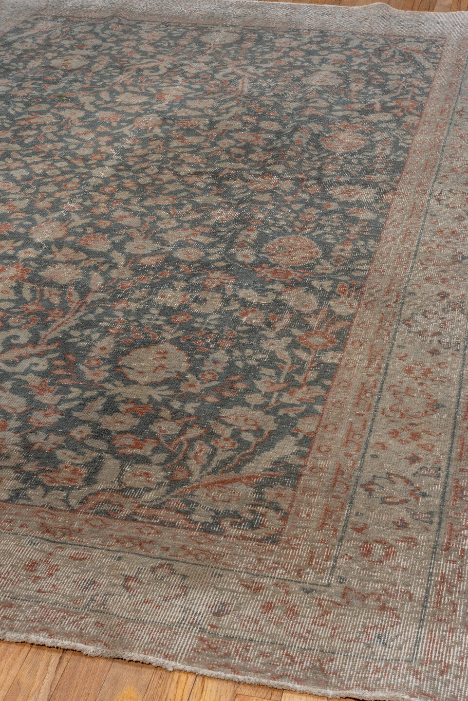 7' x 10' one-of-a-kind handmade vintage Oushak large size rug. Color palette: blue-gray, ivory, blush, taupe, rose, slate