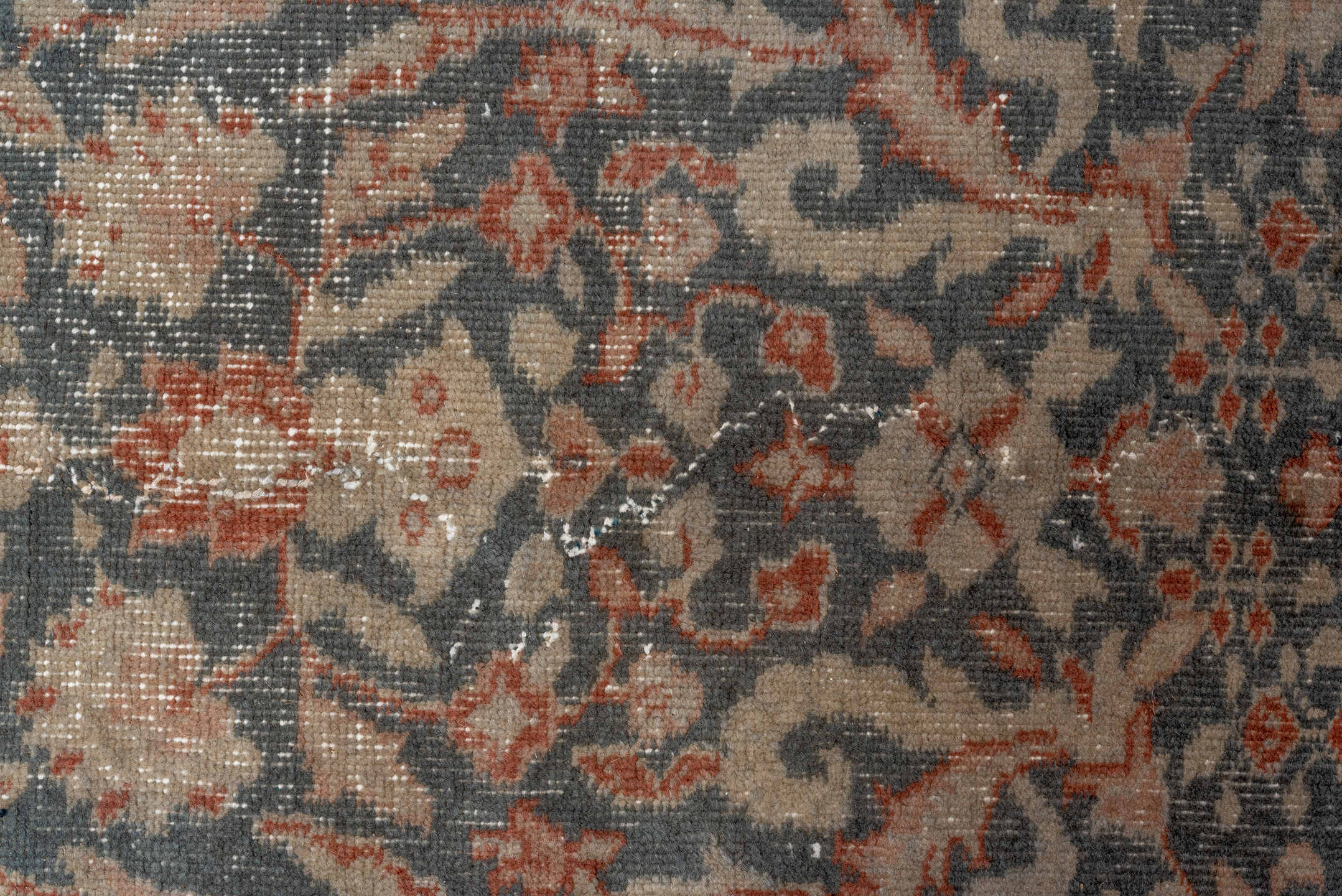 7' x 10' one-of-a-kind handmade vintage Oushak large size rug. Color palette: brown, dim gray, gray, light gray, off-white