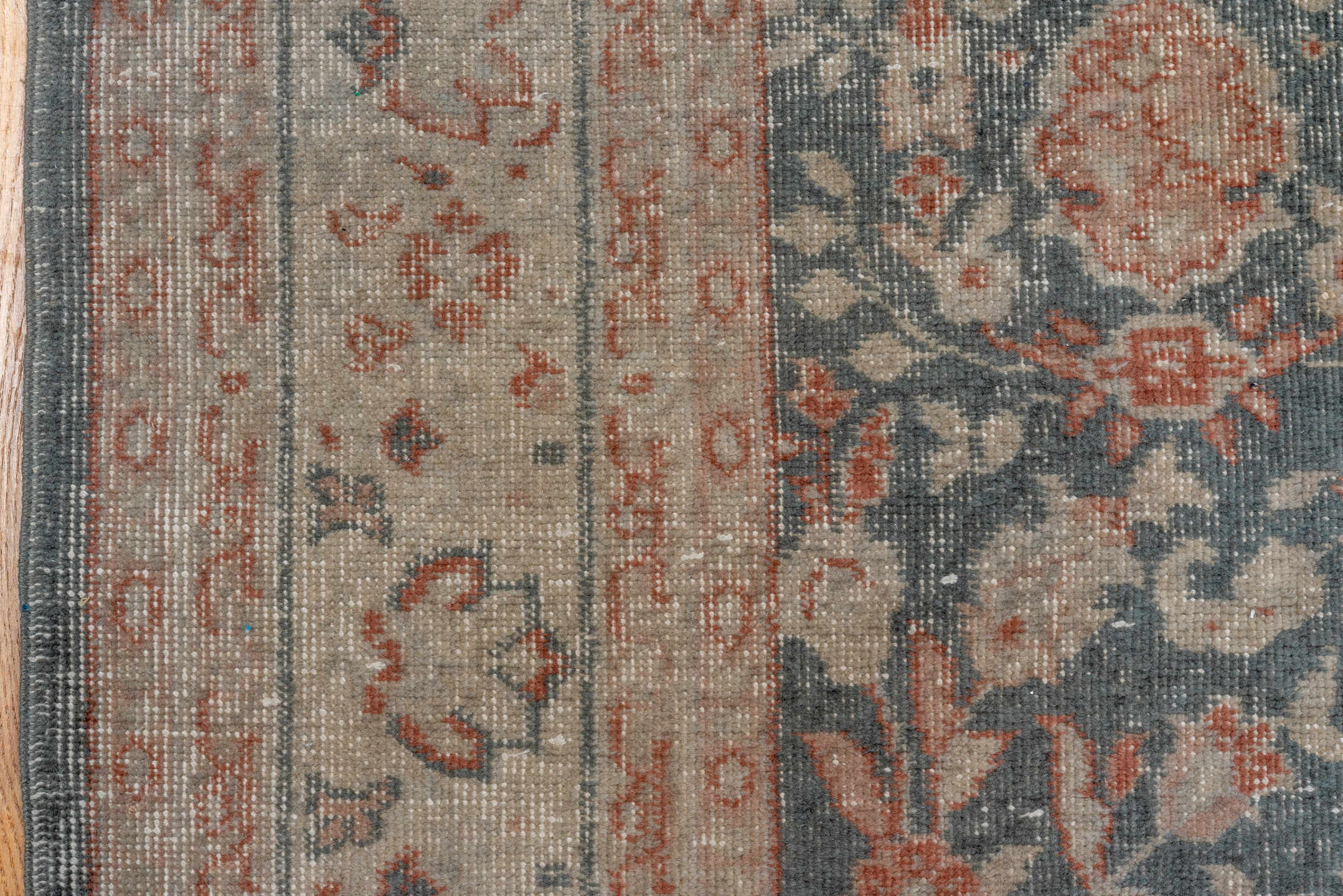 7' x 10' one-of-a-kind handmade vintage Oushak large size rug. Color palette: blue-gray, ivory, blush, taupe, rose, slate