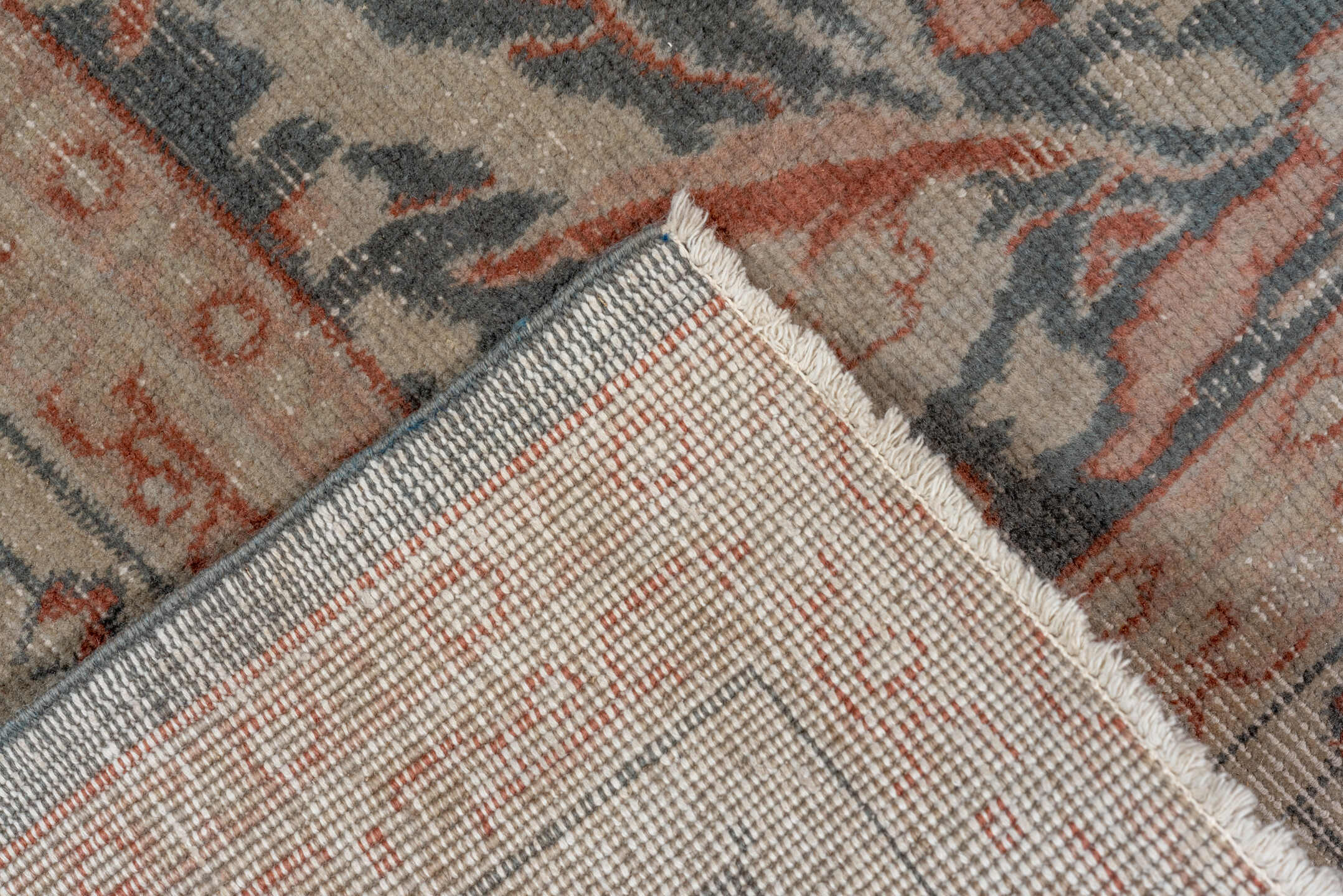 7' x 10' one-of-a-kind handmade vintage Oushak large size rug. Color palette: blue-gray, ivory, blush, taupe, rose, slate
