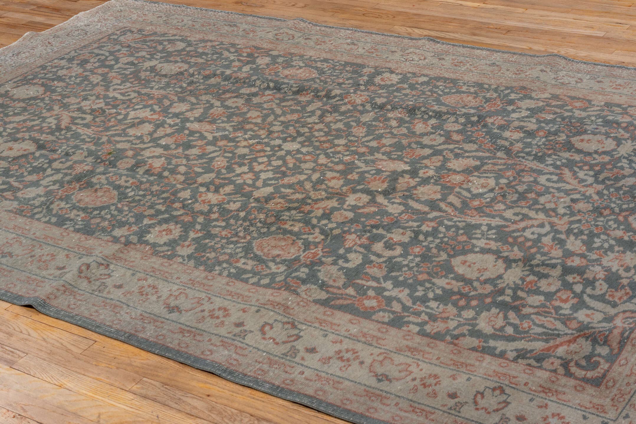 7' x 10' one-of-a-kind handmade vintage Oushak large size rug. Color palette: blue-gray, ivory, blush, taupe, rose, slate