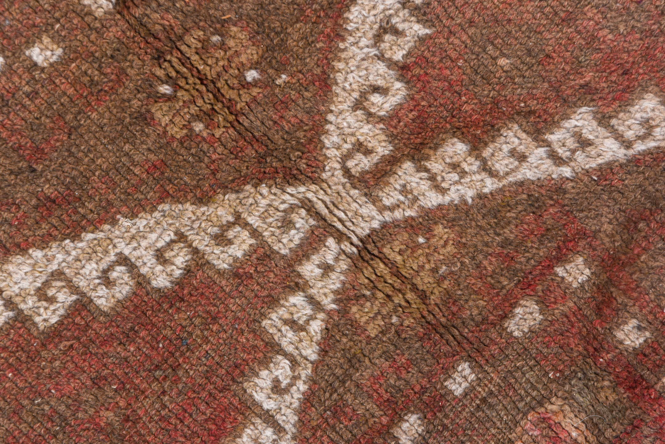 4' x 8' one-of-a-kind handmade vintage Oushak rug. Color palette: brown, gray, light gray, off-white, pink, red, redwood