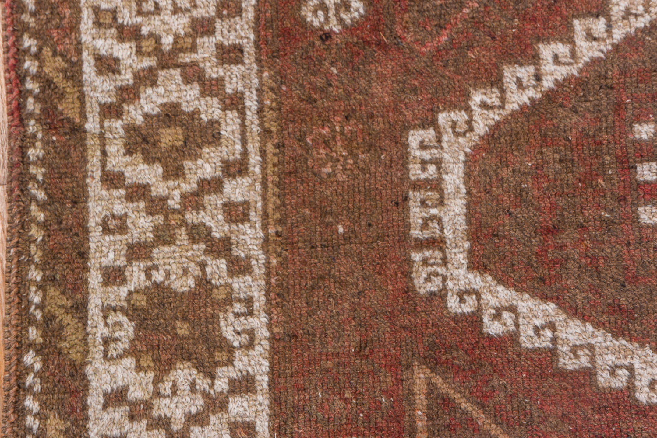4' x 8' one-of-a-kind handmade vintage Oushak rug. Color palette: brown, gray, light gray, off-white, pink, red, redwood