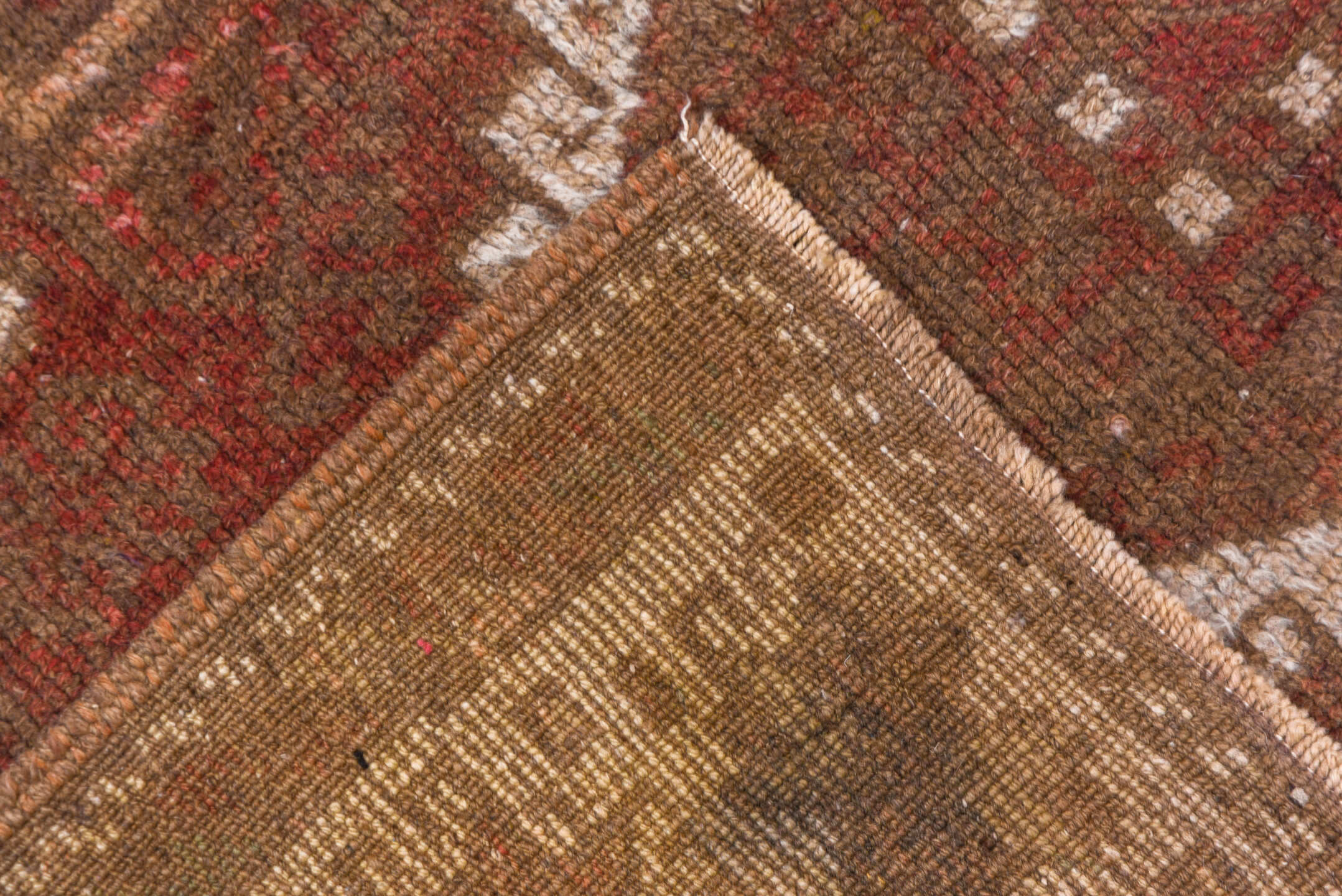 4' x 8' one-of-a-kind handmade vintage Oushak rug. Color palette: brown, gray, light gray, off-white, pink, red, redwood