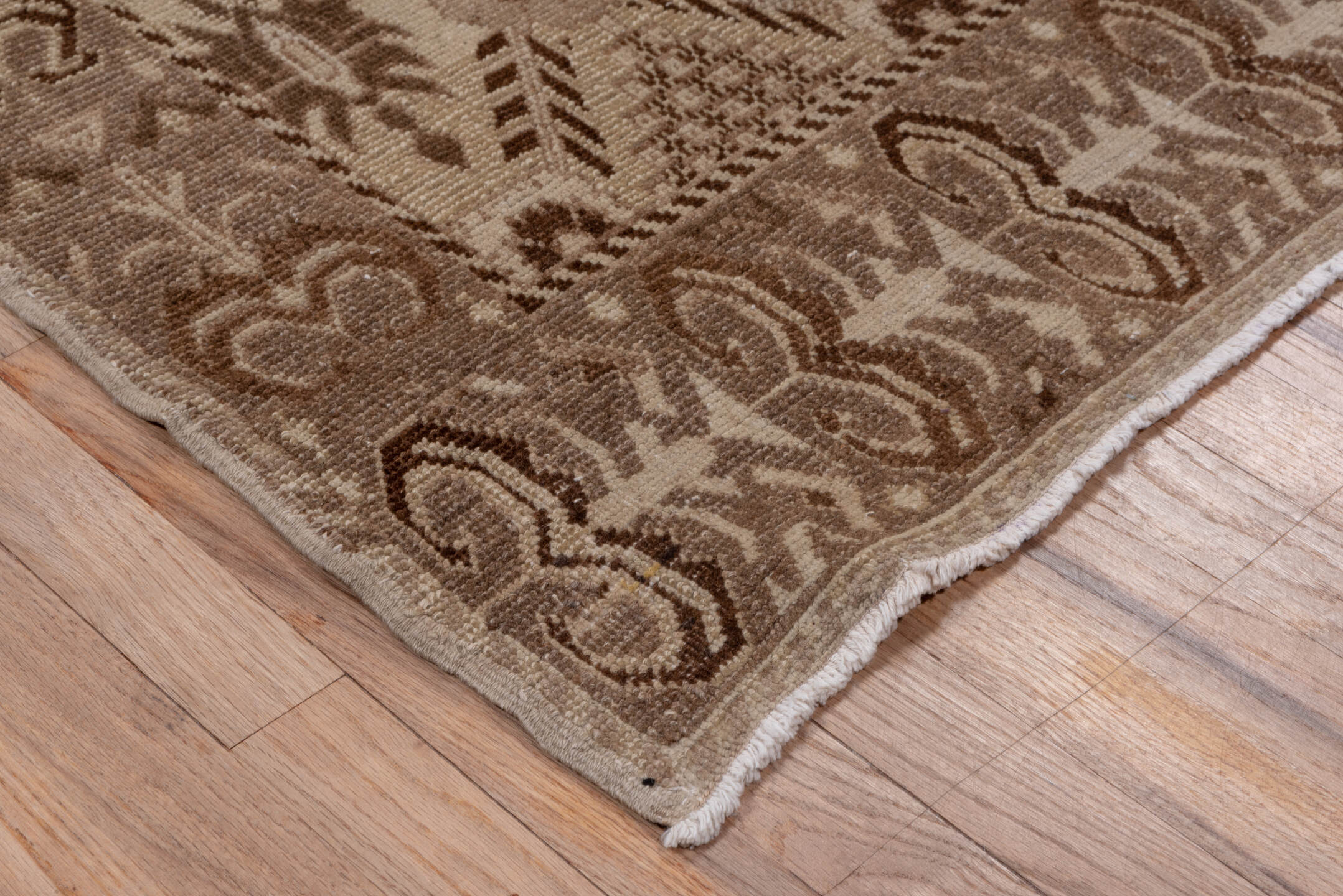 4' x 9' one-of-a-kind handmade vintage Oushak runner rug. Color palette: brown, gray, light gray, off-white, pink