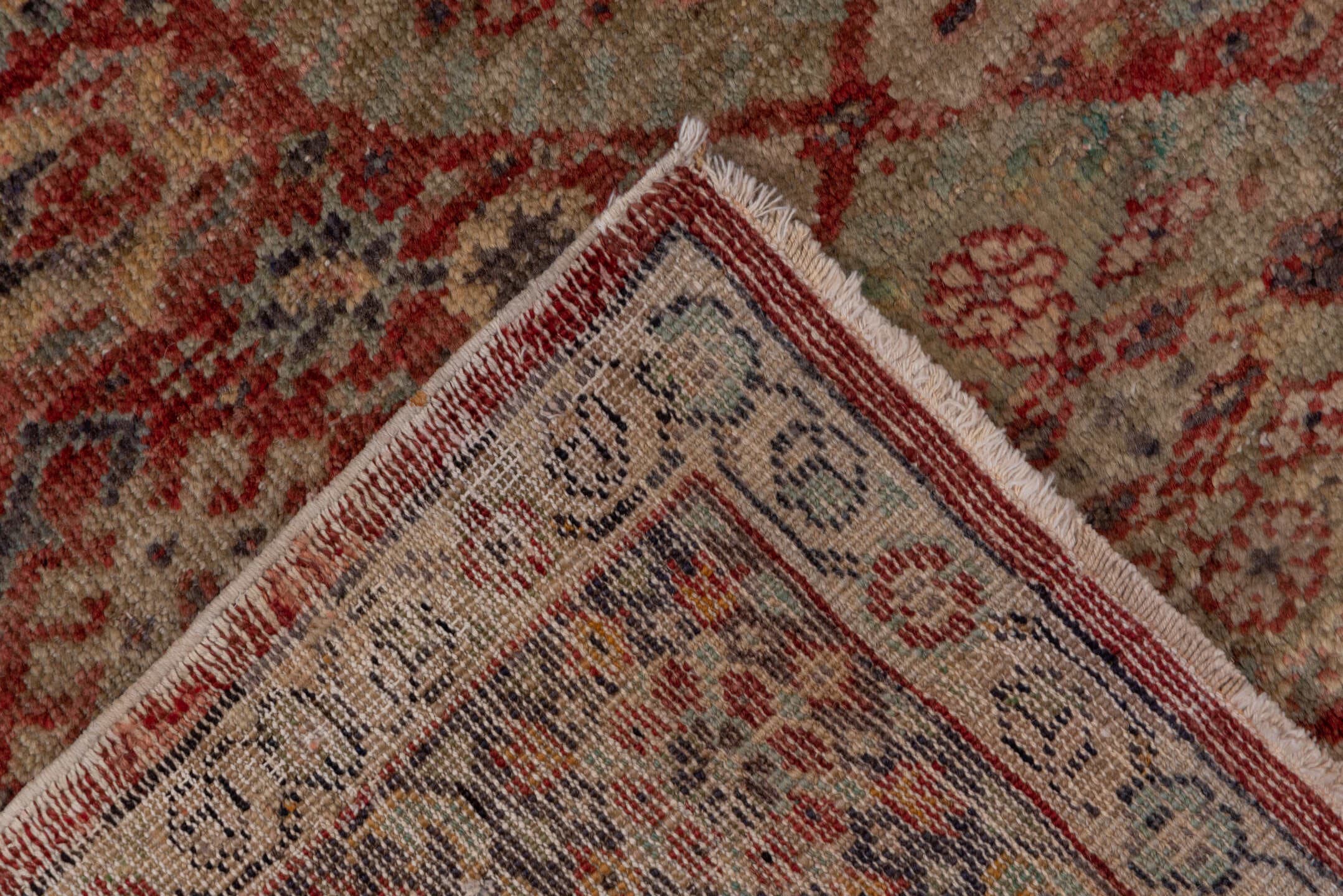 4' x 12' one-of-a-kind handmade vintage Oushak runner rug. Color palette: rose, ivory, dusty blue, taupe, rust, slate, beige