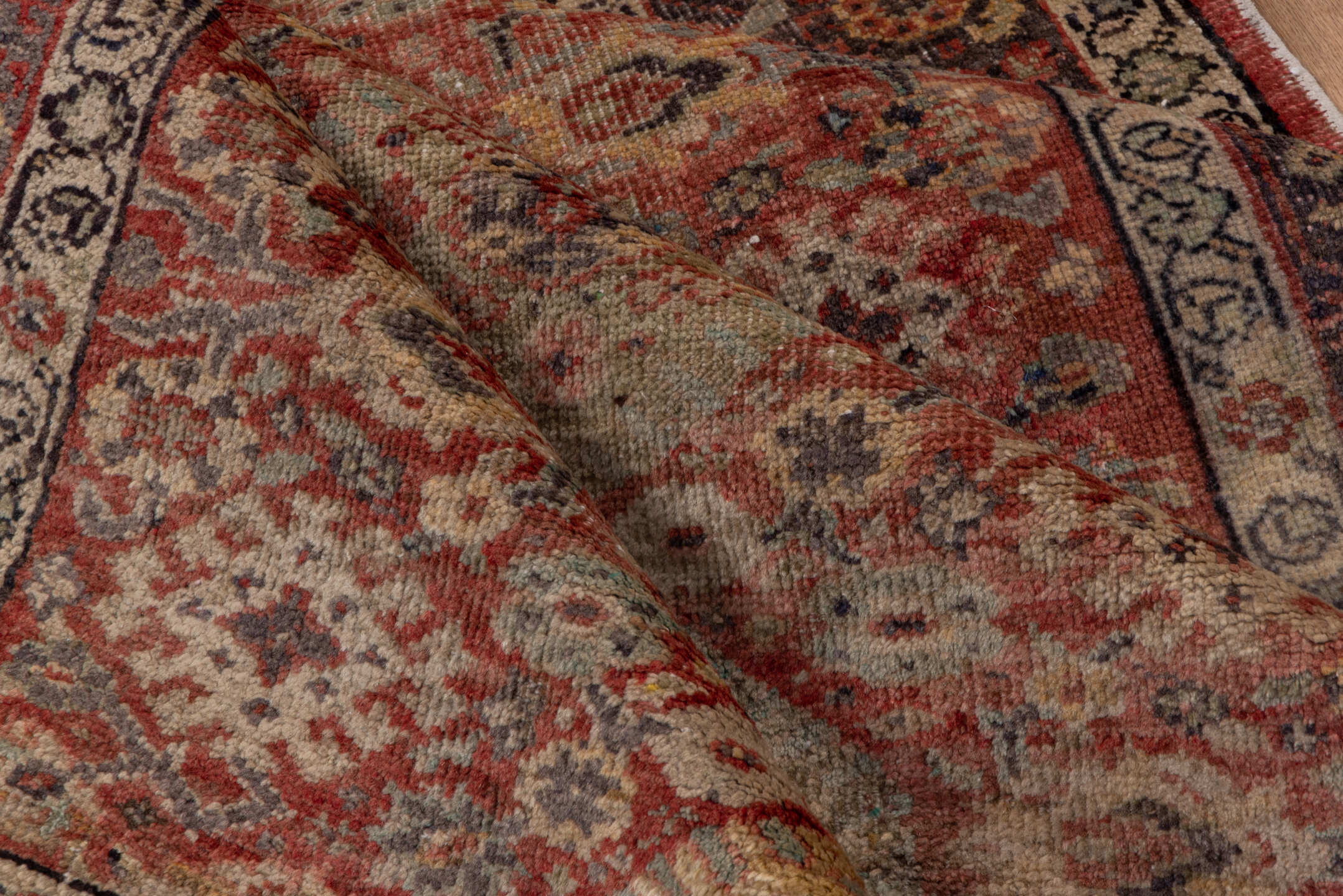 4' x 12' one-of-a-kind handmade vintage Oushak runner rug. Color palette: brown, gray, light gray, off-white, pink, red