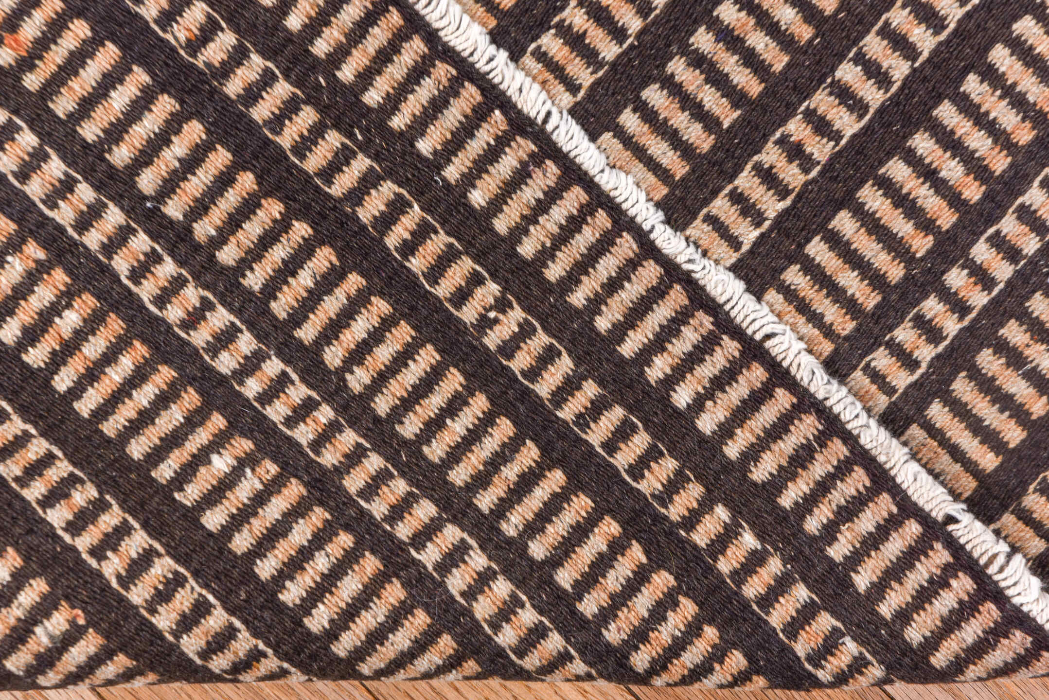 6' x 8' one-of-a-kind handmade vintage Jijim medium size rug. Color palette: brown, gray, light gray, off-white, pink, snow