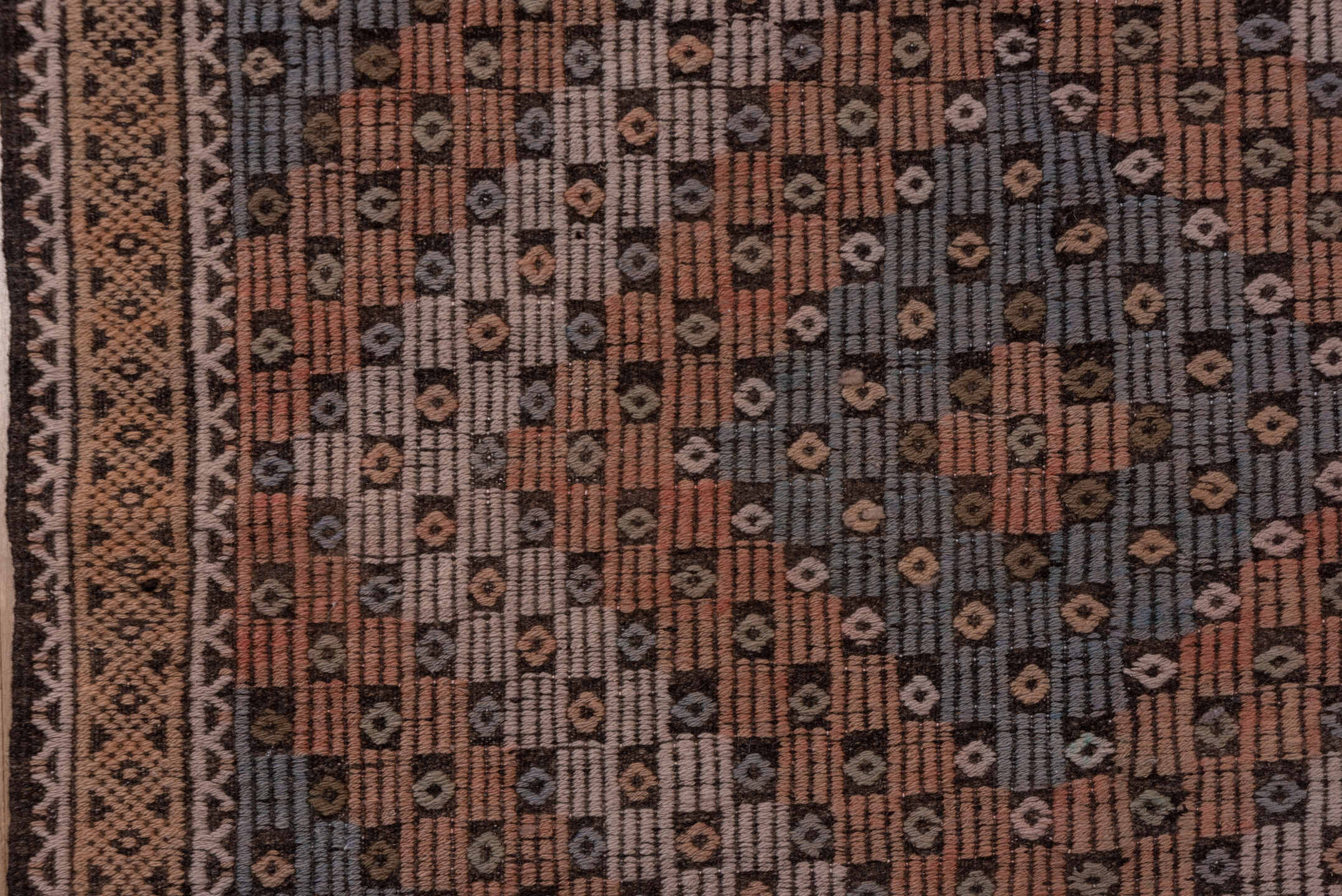 6' x 11' one-of-a-kind handmade vintage Jijim large size rug. Color palette: brown, rust, slate, ivory, charcoal, blue