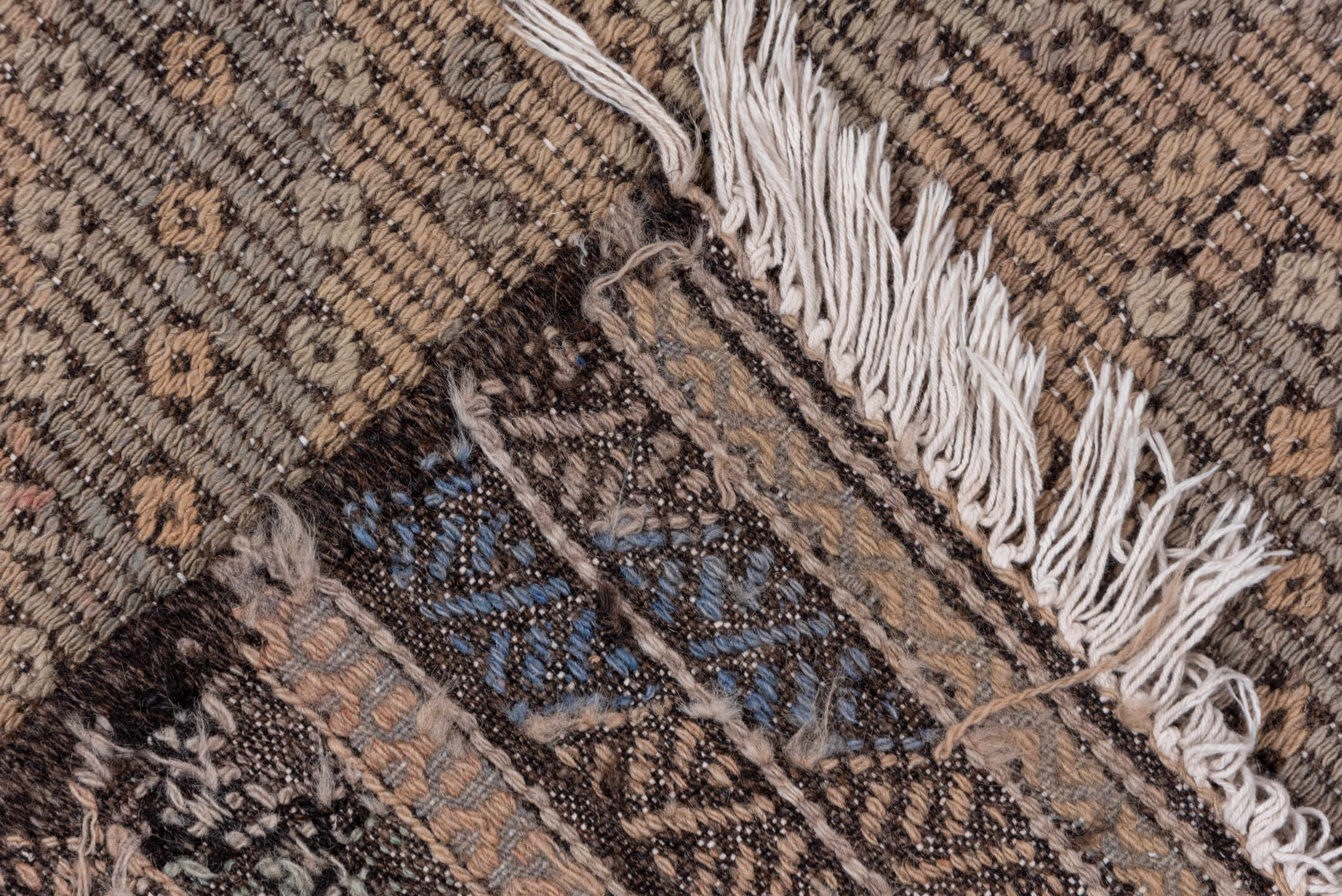 6' x 10' one-of-a-kind handmade vintage Jijim large size rug. Color palette: taupe, brown, charcoal, dusty rose, mauve