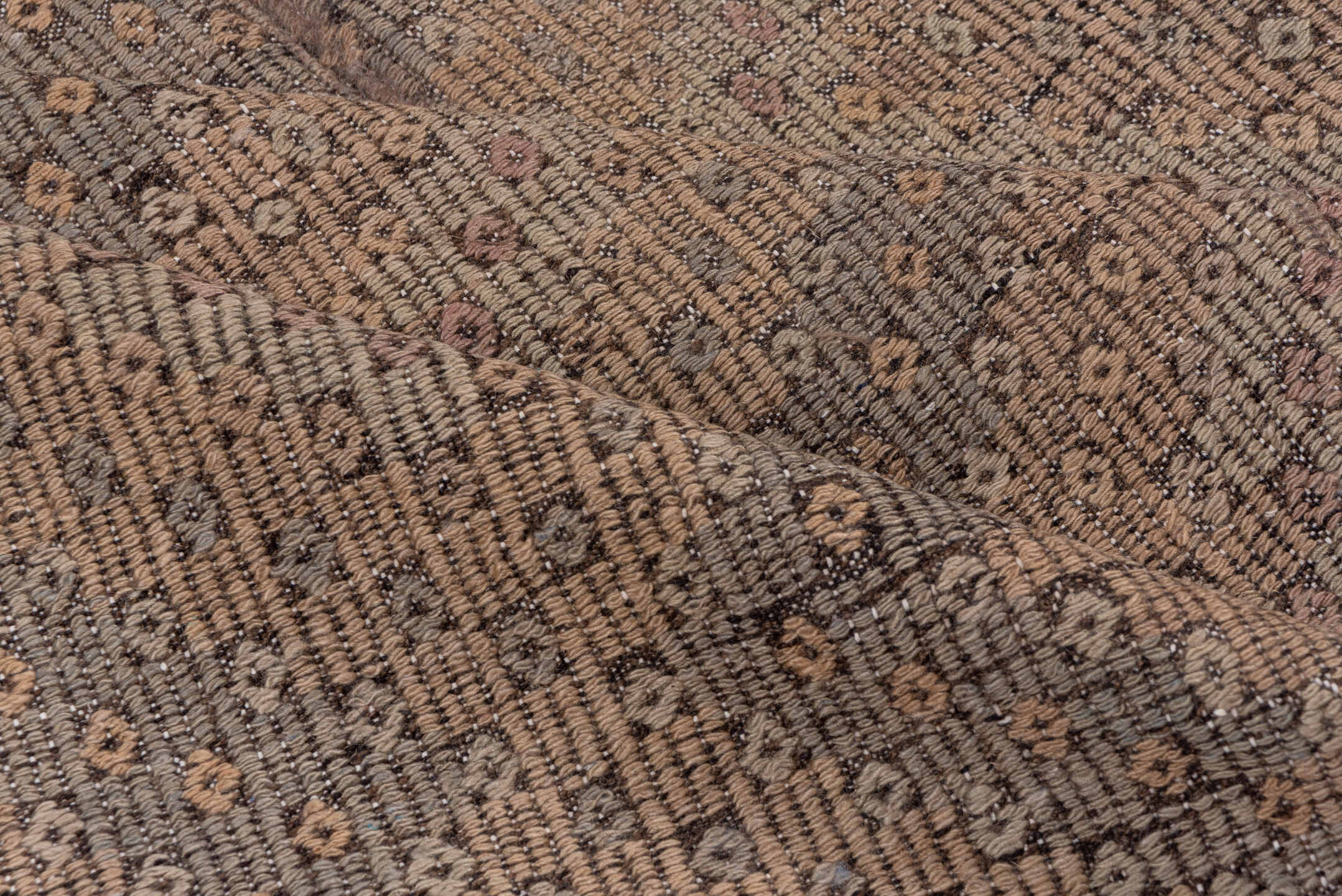 6' x 10' one-of-a-kind handmade vintage Jijim large size rug. Color palette: taupe, brown, charcoal, dusty rose, mauve