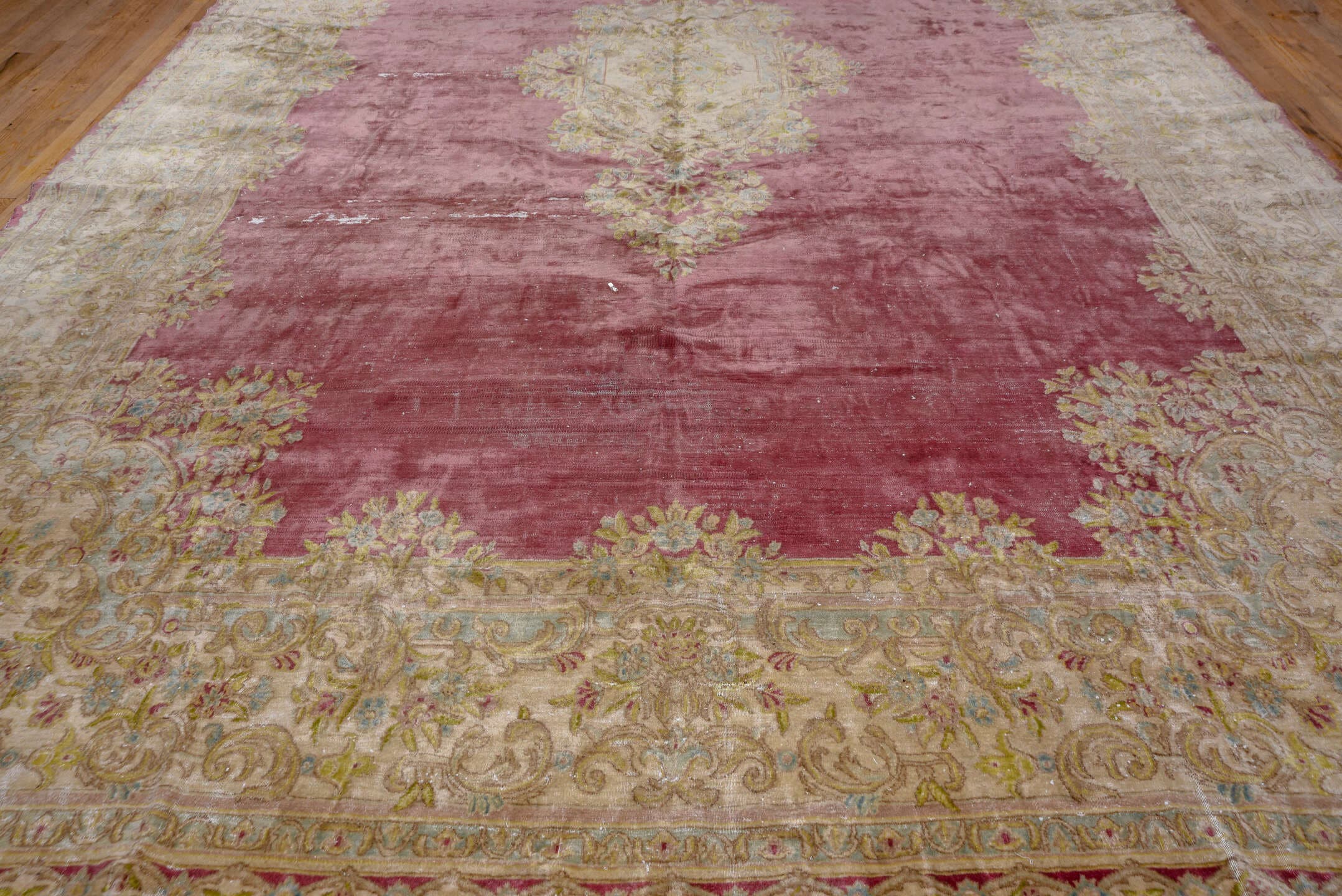 11' x 18' one-of-a-kind handmade vintage Kerman oversize rug. Color palette: rose, ivory, cream, gold, taupe, sage