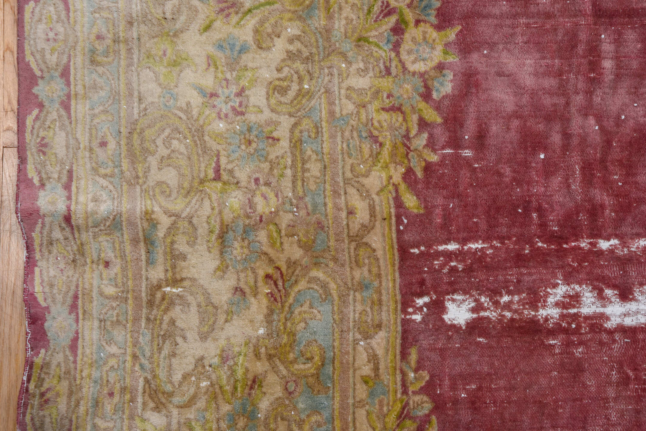 11' x 18' one-of-a-kind handmade vintage Kerman oversize rug. Color palette: rose, ivory, cream, gold, taupe, sage