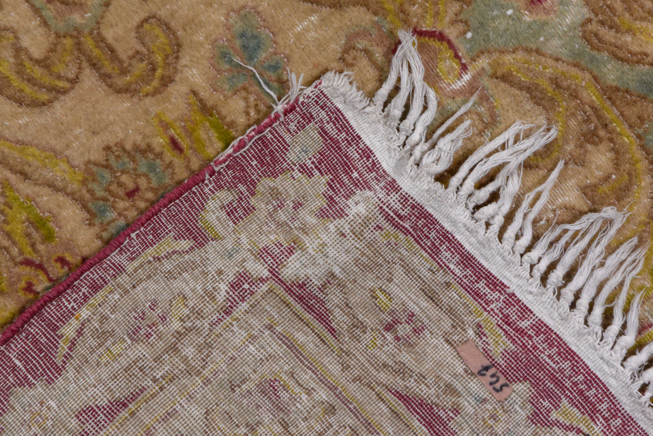 11' x 18' one-of-a-kind handmade vintage Kerman oversize rug. Color palette: rose, ivory, cream, gold, taupe, sage
