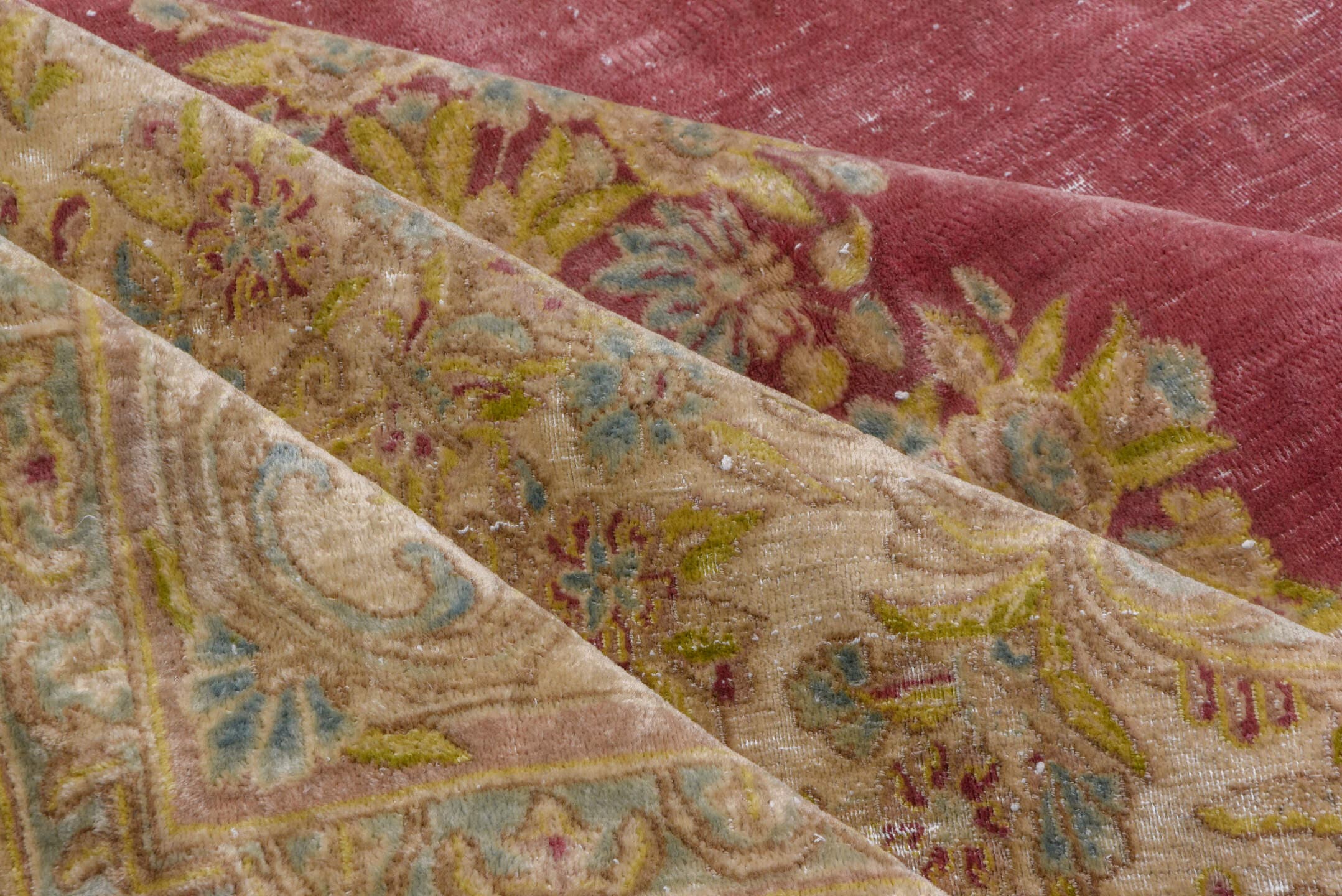 11' x 18' one-of-a-kind handmade vintage Kerman oversize rug. Color palette: rose, ivory, cream, gold, taupe, sage