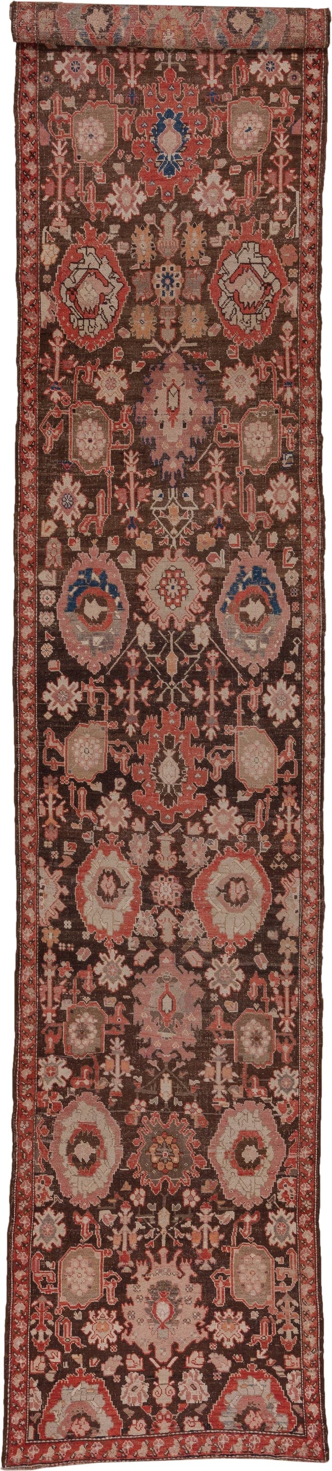 3' x 18' one-of-a-kind handmade antique Karabagh runner rug. Color palette: brown, rust, ivory, rose, terra cotta, charcoal
