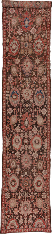 3' x 18' one-of-a-kind handmade antique Karabagh runner rug. Color palette: brown, rust, ivory, rose, terra cotta, charcoal