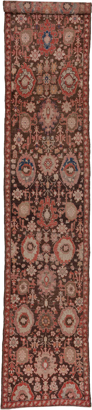 3' x 18' one-of-a-kind handmade antique Karabagh runner rug. Color palette: brown, rust, ivory, rose, terra cotta, charcoal