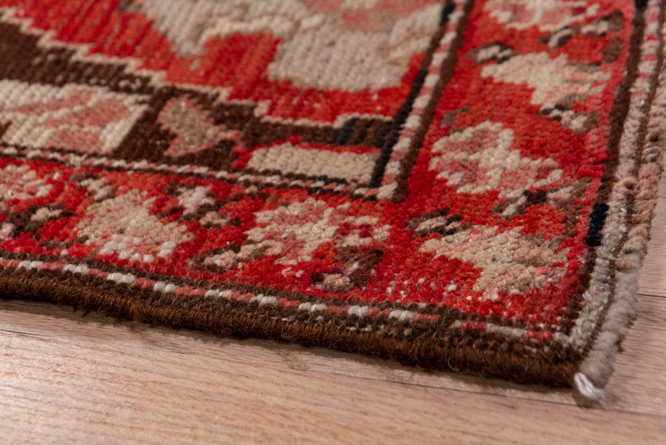 3' x 18' one-of-a-kind handmade antique Karabagh runner rug. Color palette: brown, rust, ivory, rose, terra cotta, charcoal