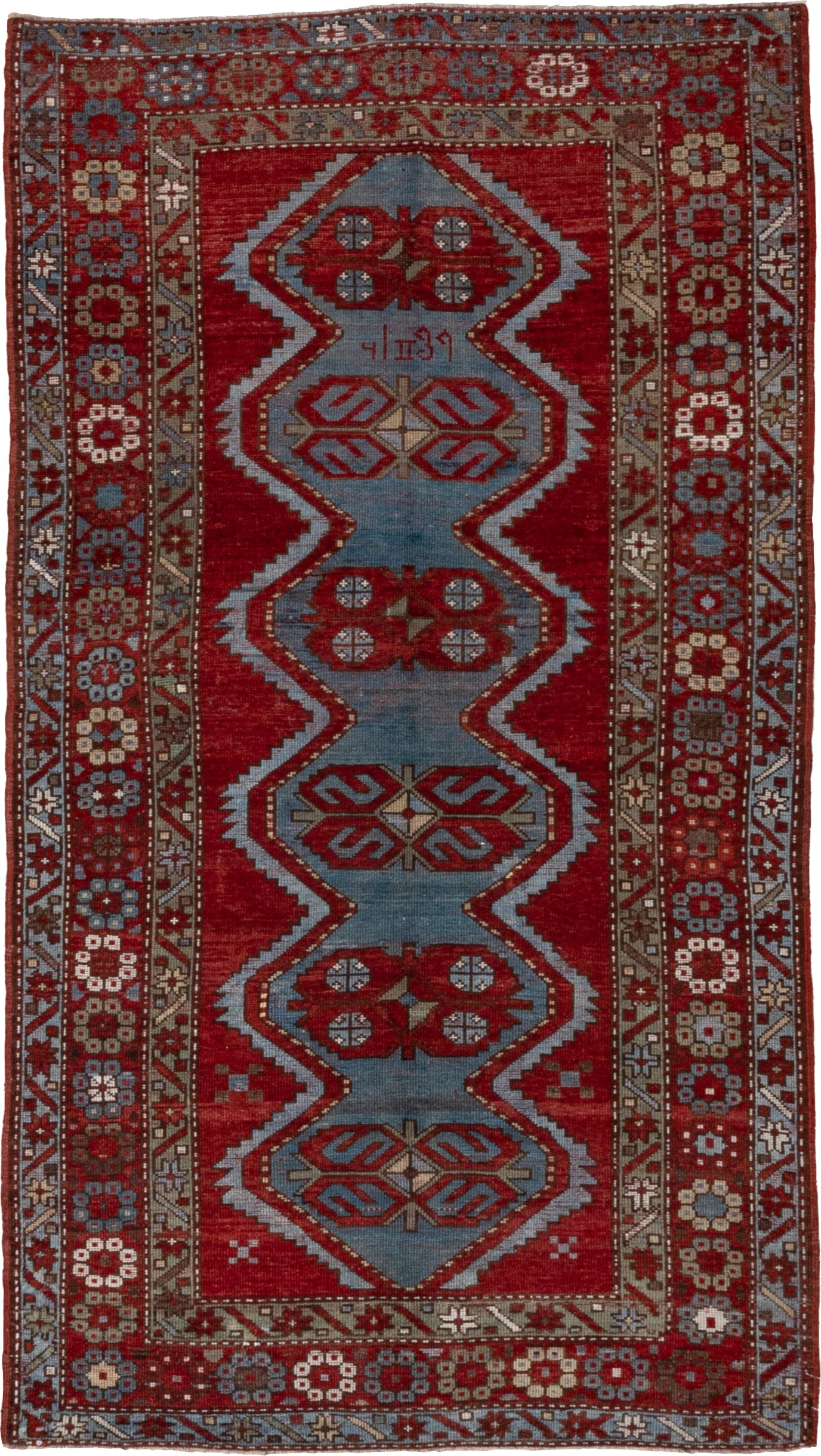 4' x 7' one-of-a-kind handmade antique Trans Caucasian rug. Color palette: red, powder_blue, ivory, taupe, rust, slate