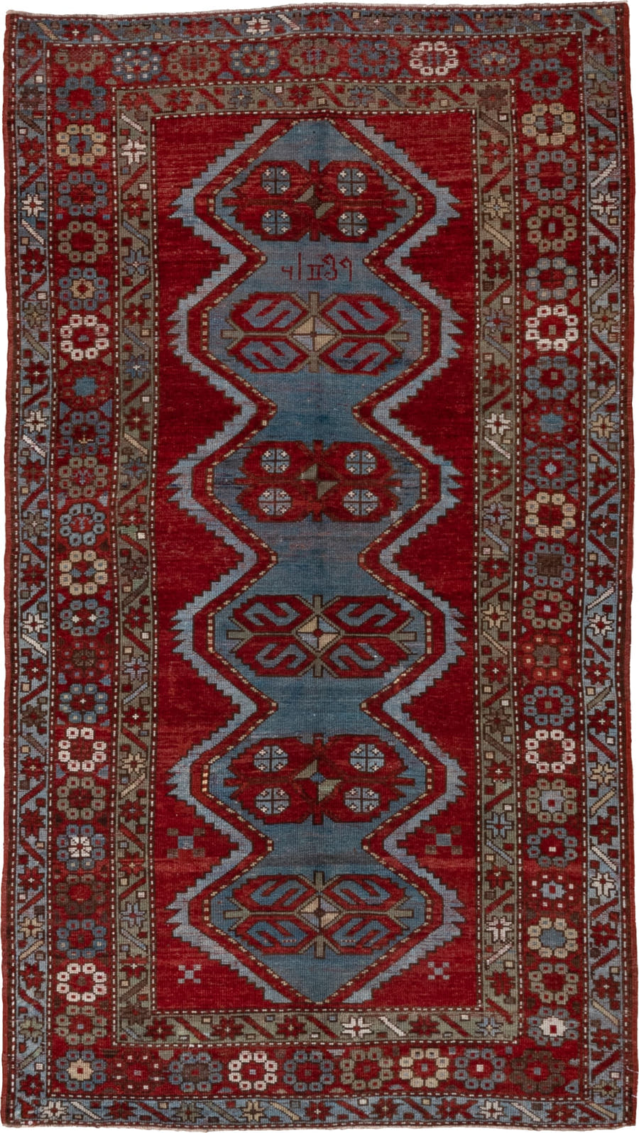 4' x 7' one-of-a-kind handmade antique Trans Caucasian rug. Color palette: red, powder_blue, ivory, taupe, rust, slate