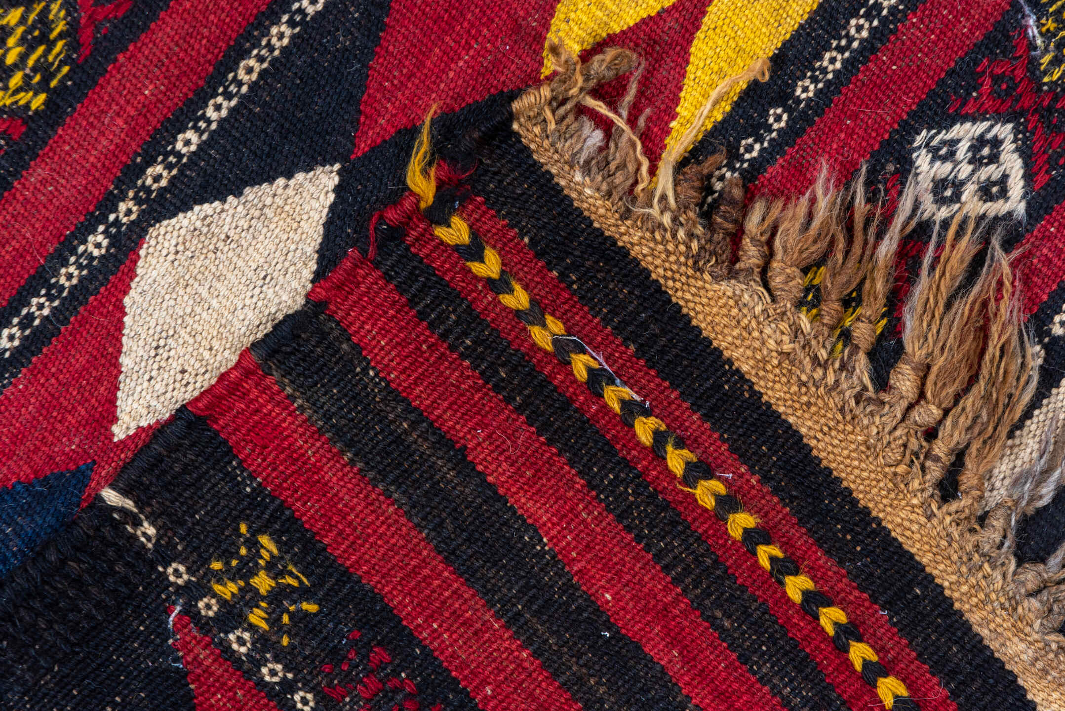 5' x 10' one-of-a-kind handmade vintage Kilim medium size rug. Color palette: crimson, ivory, gold, navy, charcoal, burgundy