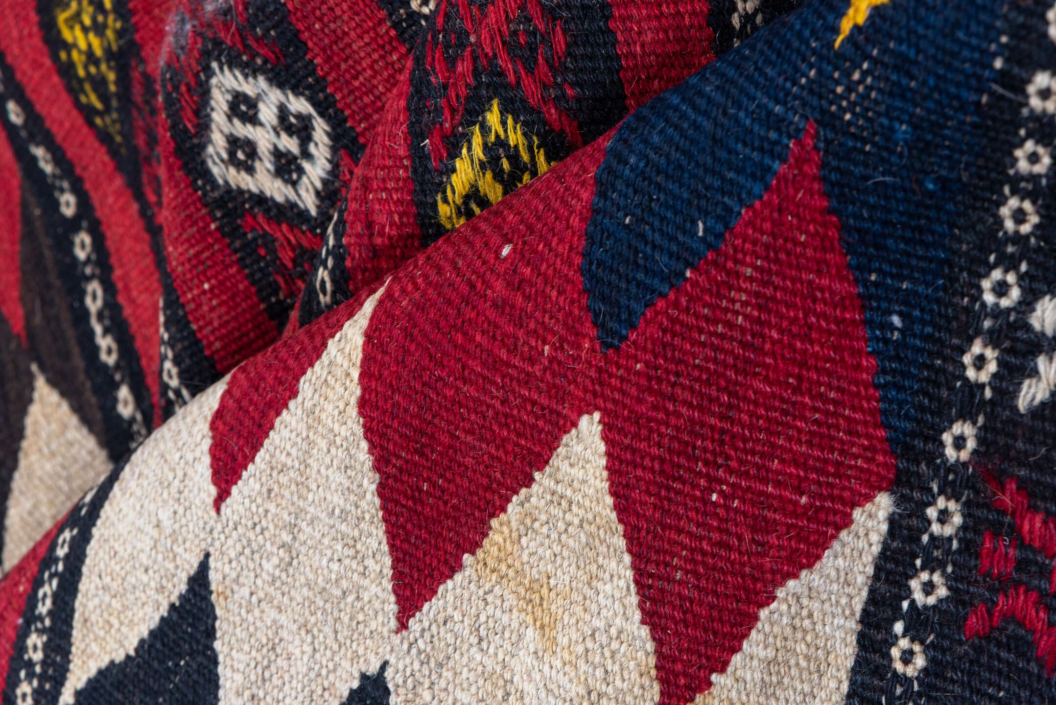 5' x 10' one-of-a-kind handmade vintage Kilim medium size rug. Color palette: crimson, ivory, gold, navy, charcoal, burgundy