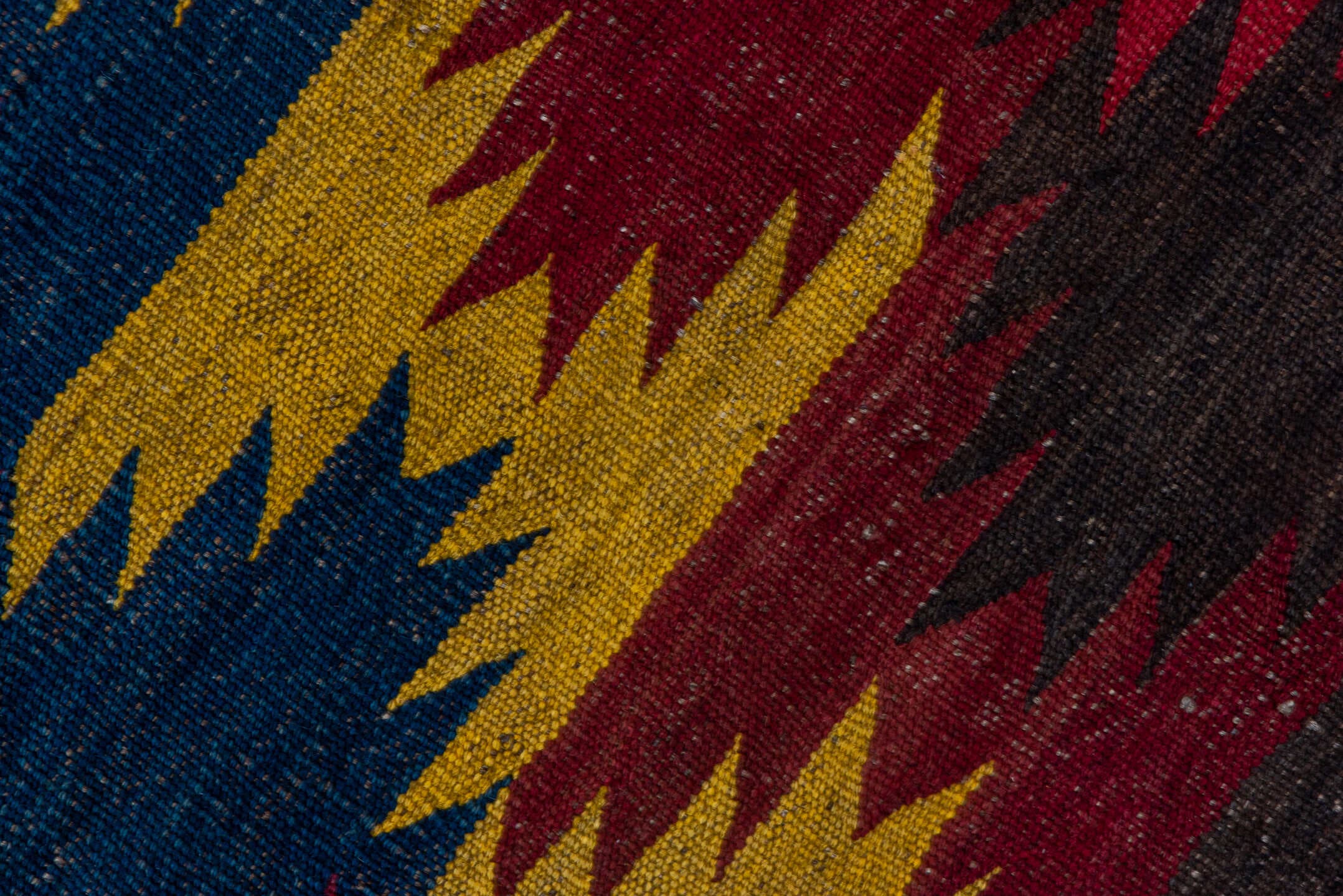 6' x 9' one-of-a-kind handmade vintage Kilim medium size rug. Color palette: red, navy, dark_brown, ivory, gold, blue, brown