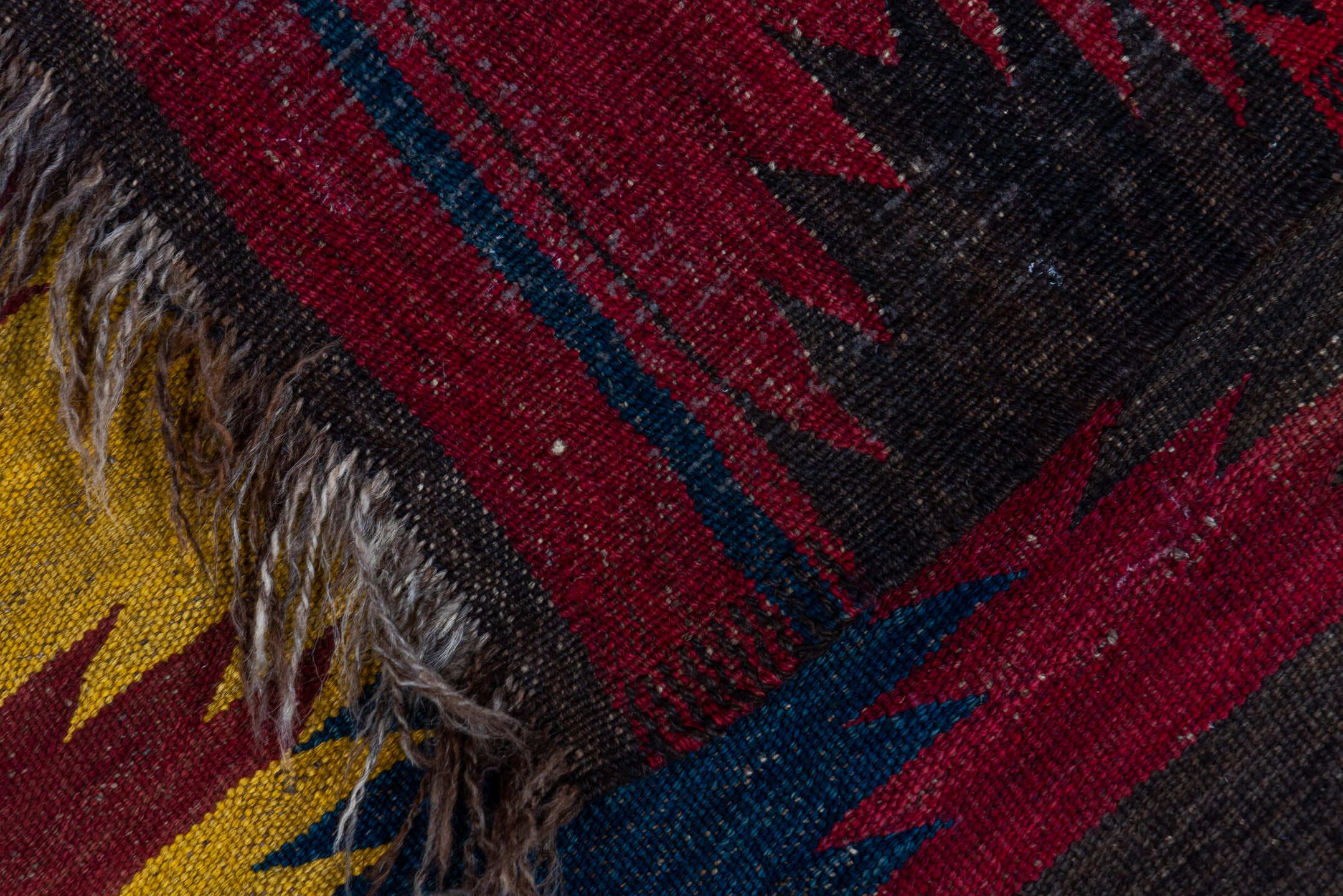 6' x 9' one-of-a-kind handmade vintage Kilim medium size rug. Color palette: red, navy, dark_brown, ivory, gold, blue, brown