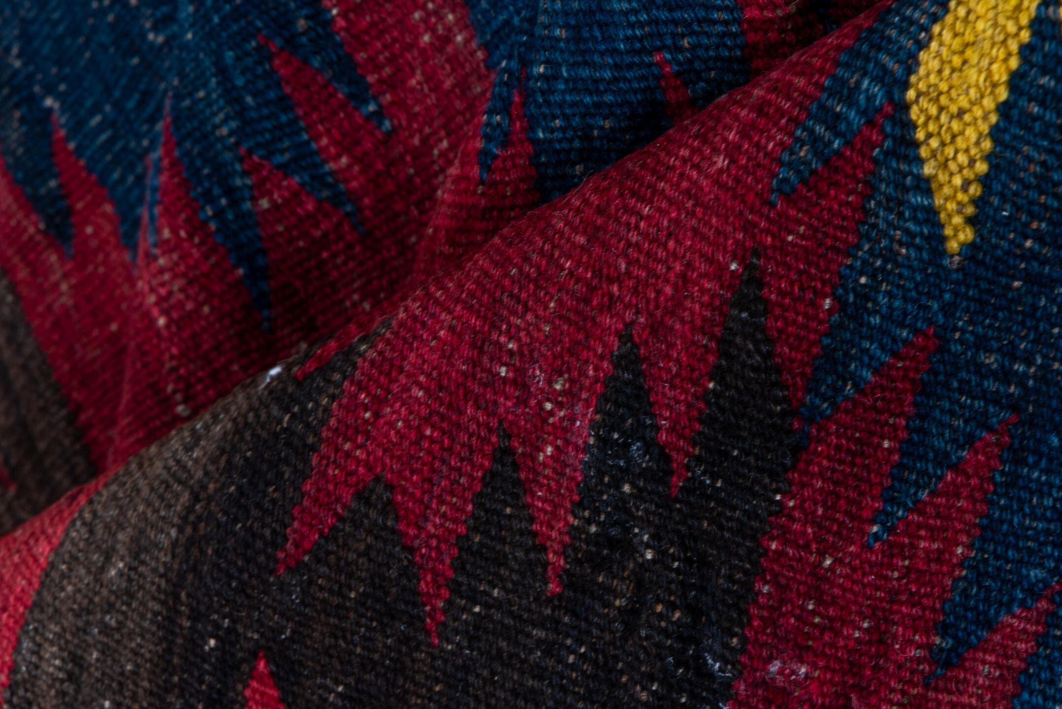 6' x 9' one-of-a-kind handmade vintage Kilim medium size rug. Color palette: red, navy, dark_brown, ivory, gold, blue, brown