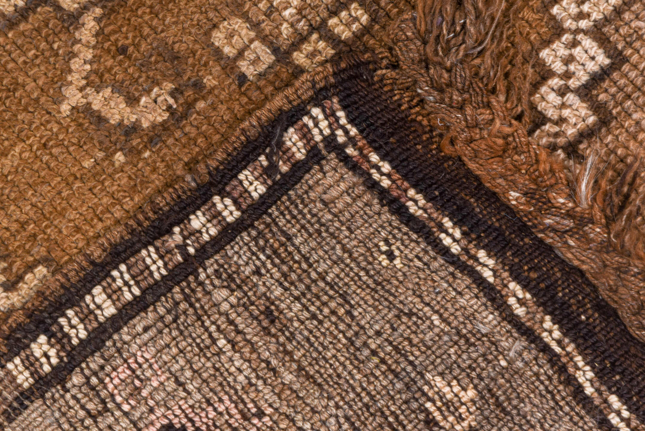 4' x 12' one-of-a-kind handmade vintage Kars runner rug. Color palette: brown, taupe, camel, ivory, beige, gray