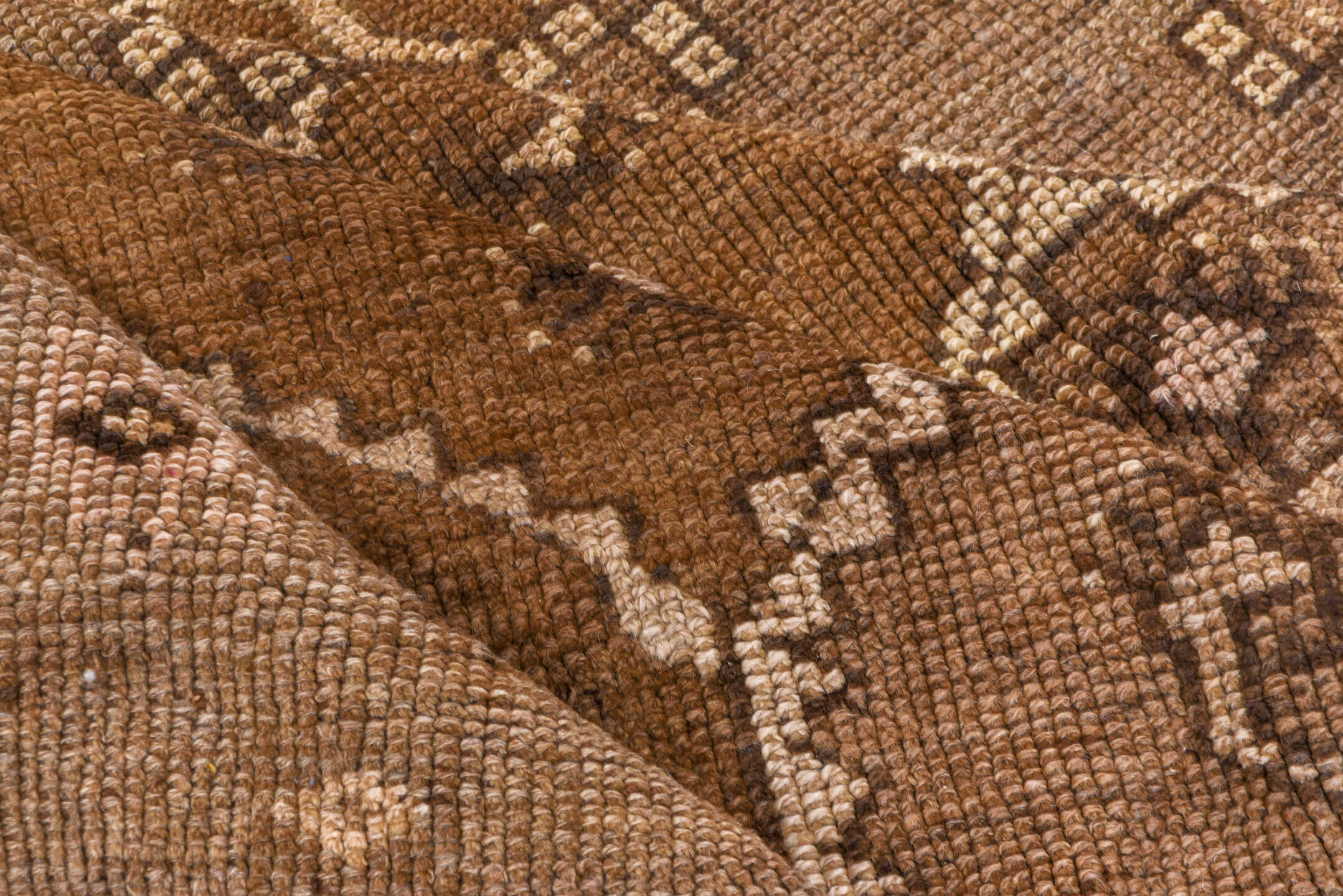 4' x 12' one-of-a-kind handmade vintage Kars runner rug. Color palette: brown, taupe, camel, ivory, beige, gray