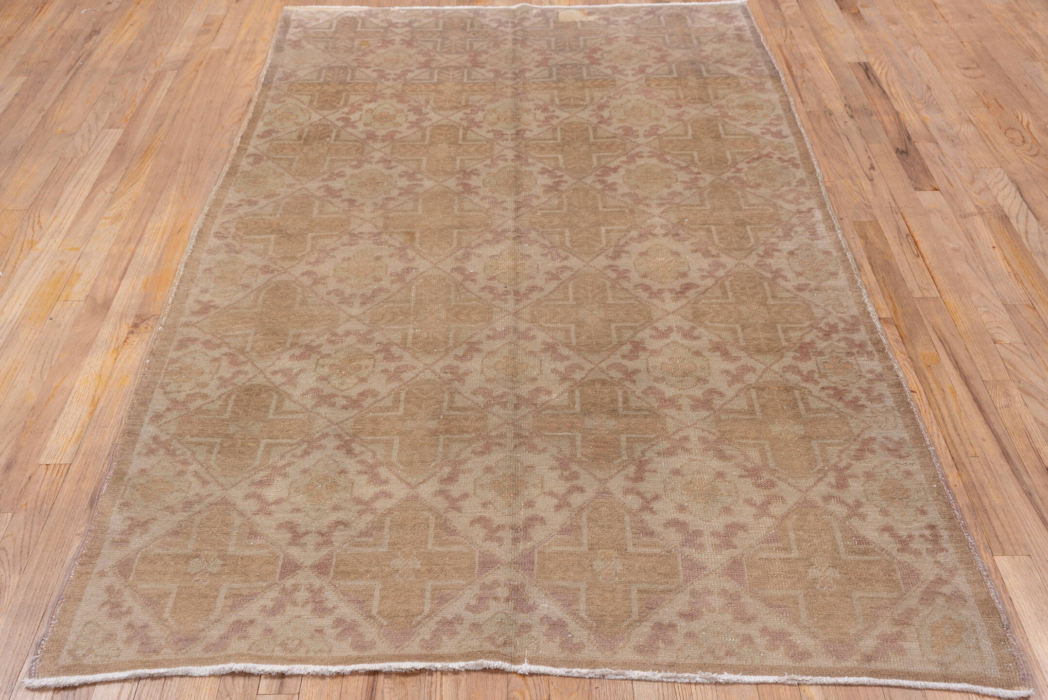 4' x 8' one-of-a-kind handmade vintage Oushak rug. Color palette: brown, gray, light gray, off-white, pink, snow, white