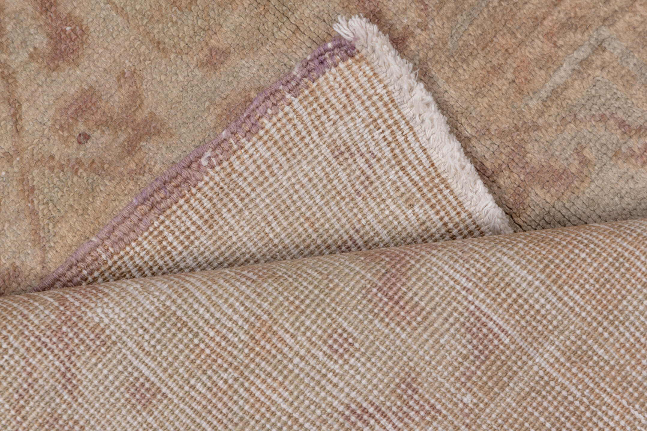 4' x 8' one-of-a-kind handmade vintage Oushak rug. Color palette: brown, gray, light gray, off-white, pink, snow, white