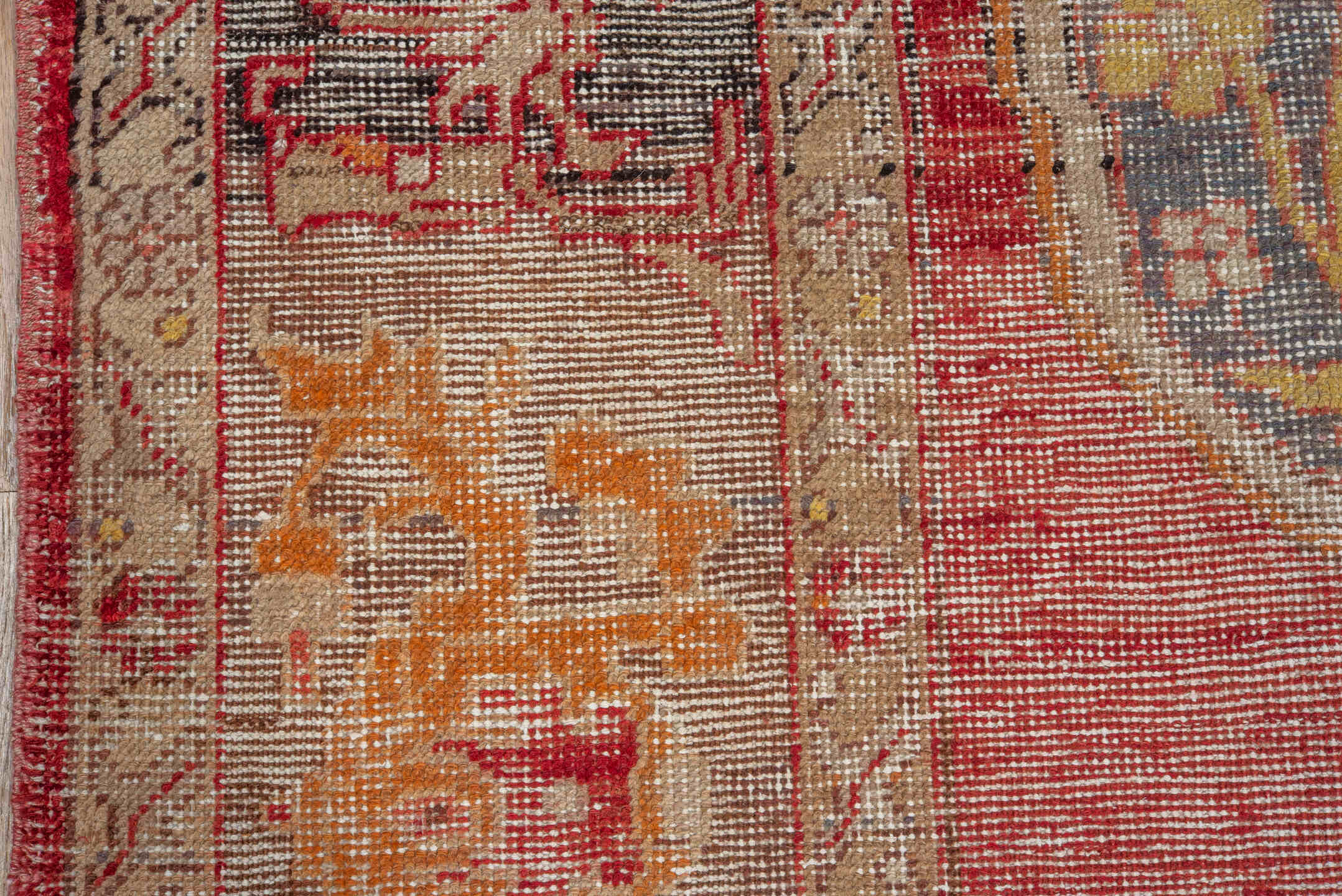9' x 14' one-of-a-kind handmade vintage Oushak large size rug. Color palette: red, ivory, slate, gold, rust, peach, taupe