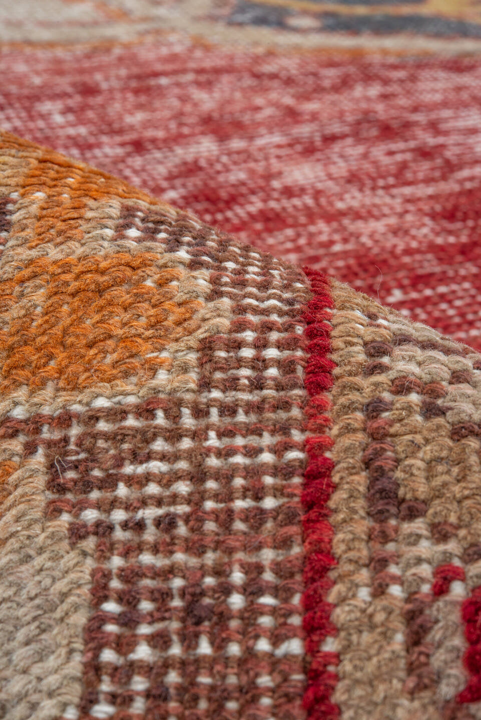 9' x 14' one-of-a-kind handmade vintage Oushak large size rug. Color palette: red, ivory, slate, gold, rust, peach, taupe