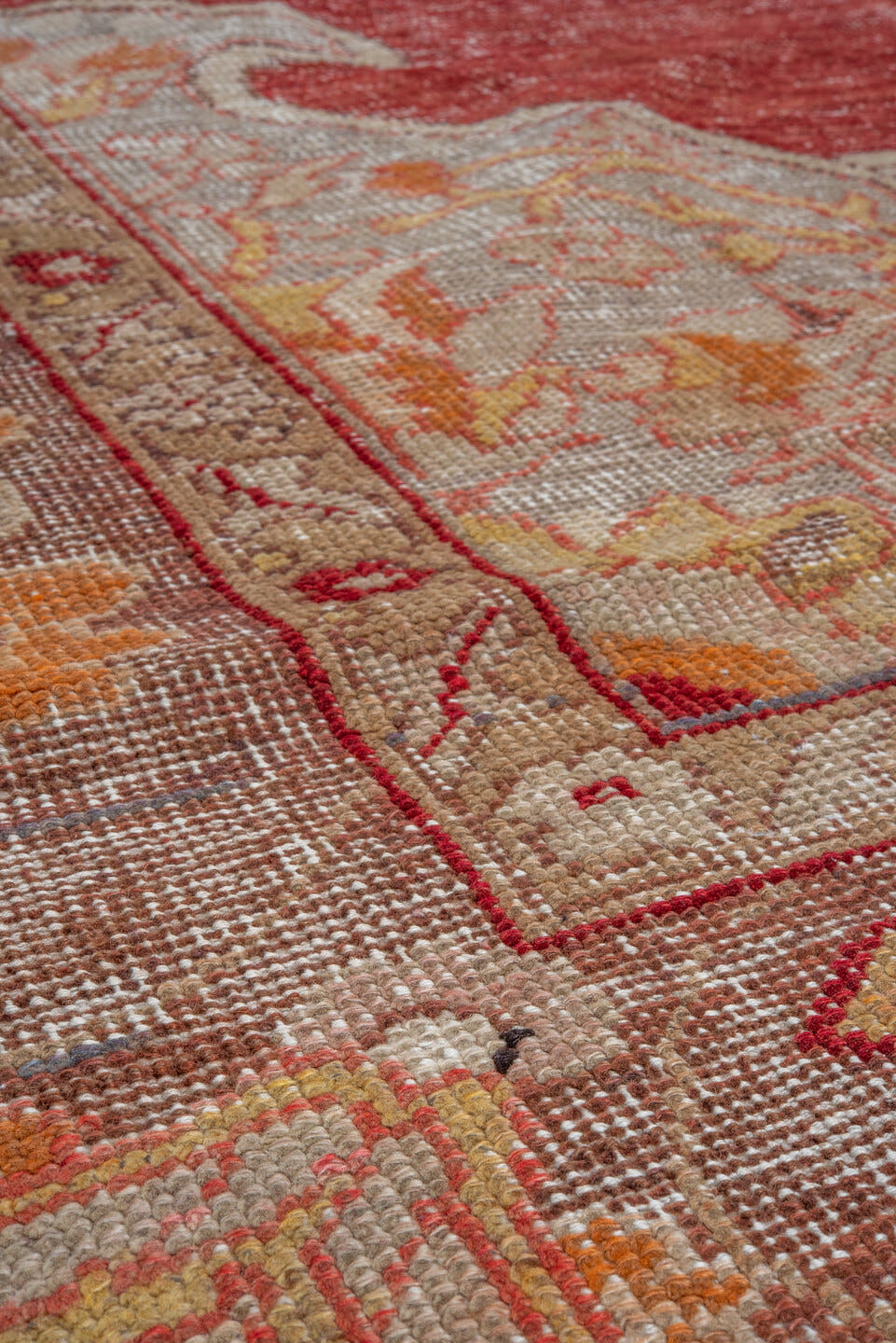 9' x 14' one-of-a-kind handmade vintage Oushak large size rug. Color palette: red, ivory, slate, gold, rust, peach, taupe