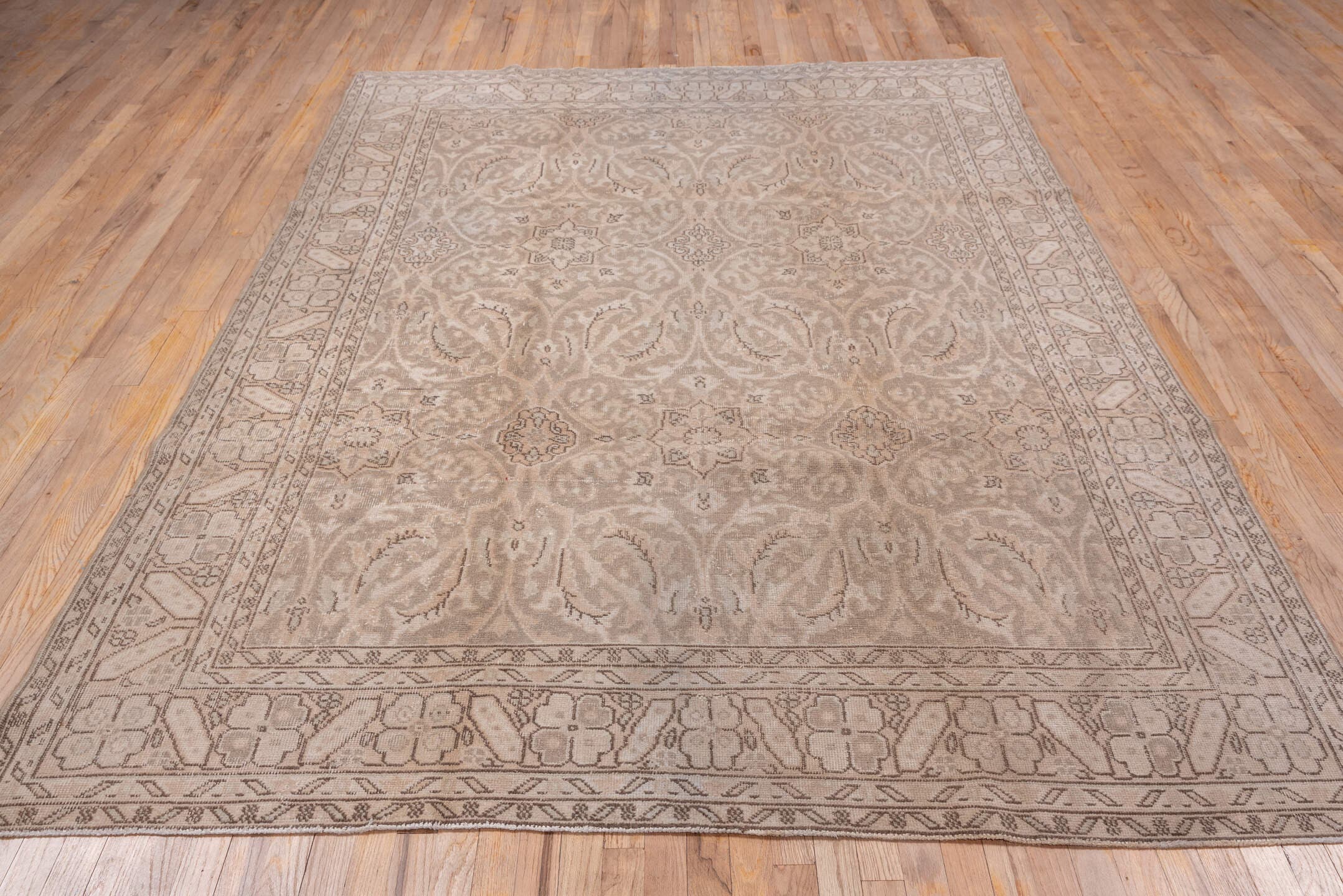 6' x 9' one-of-a-kind handmade vintage Oushak medium size rug. Color palette: taupe, beige, ivory, camel, brown, gray