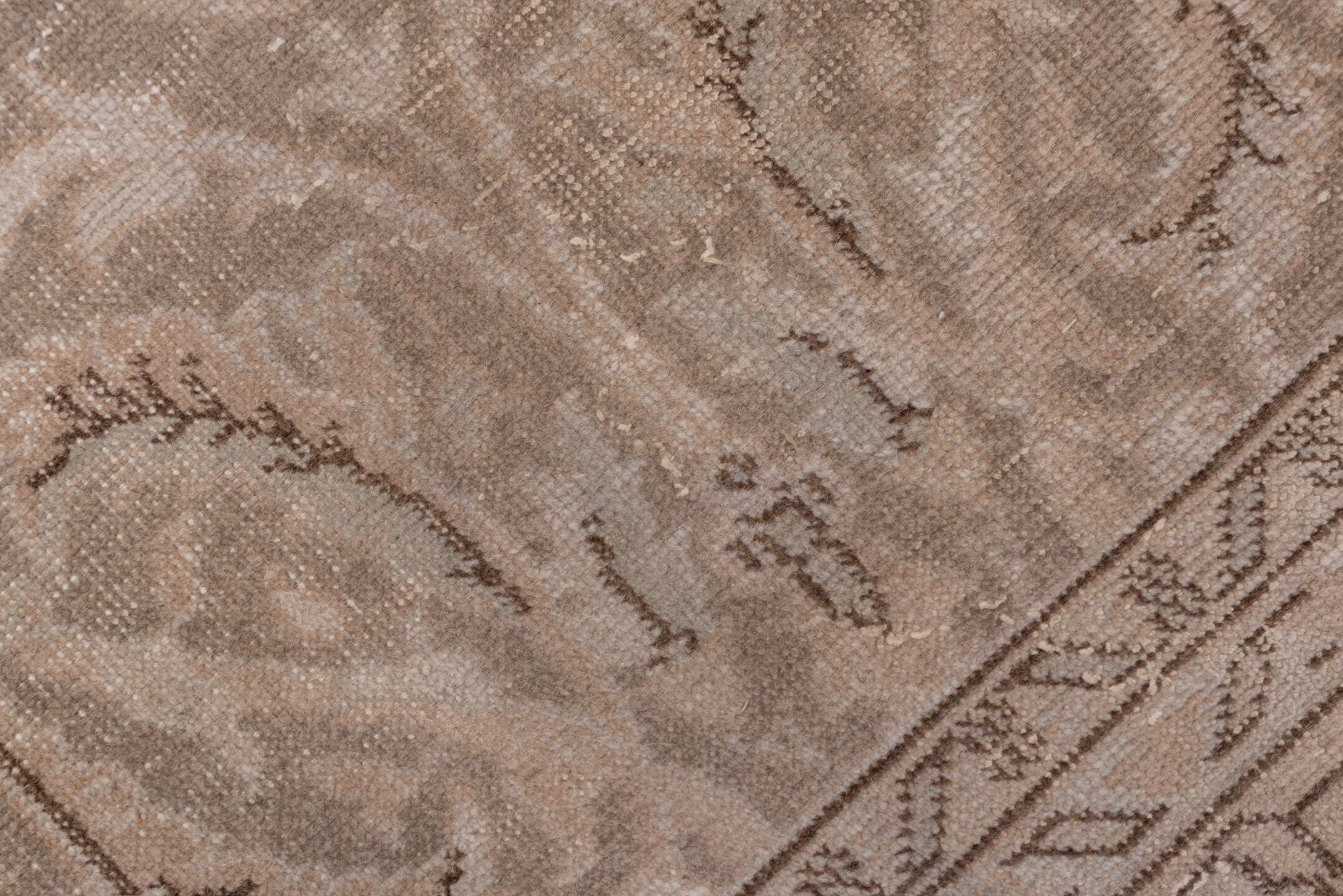 6' x 9' one-of-a-kind handmade vintage Oushak medium size rug. Color palette: taupe, beige, ivory, camel, brown, gray