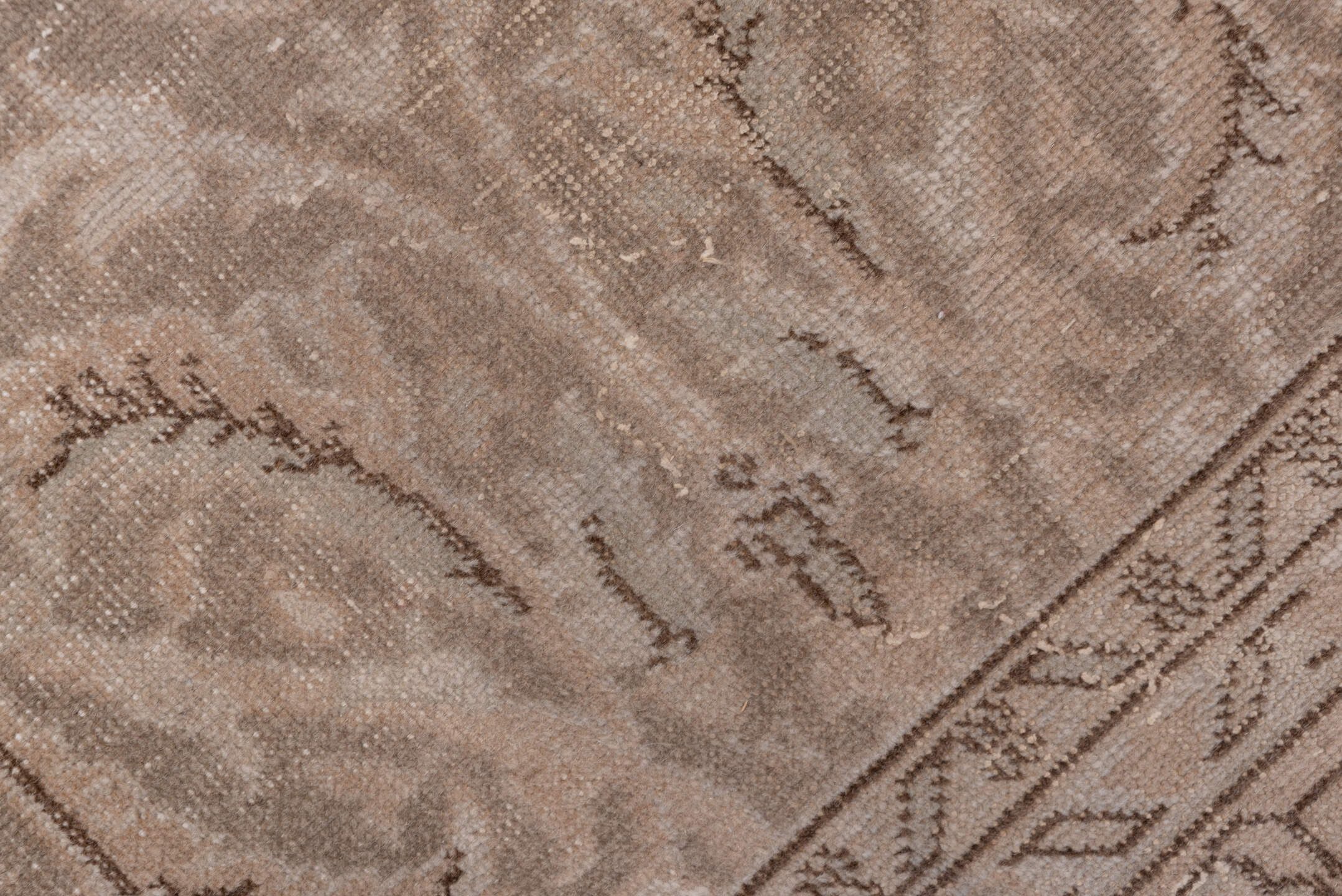 6' x 9' one-of-a-kind handmade vintage Oushak medium size rug. Color palette: brown, gray, light gray, off-white, pink