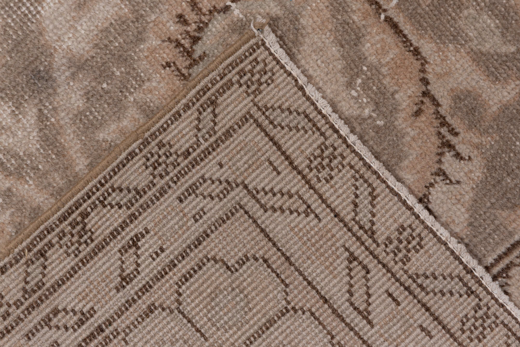 6' x 9' one-of-a-kind handmade vintage Oushak medium size rug. Color palette: brown, gray, light gray, off-white, pink