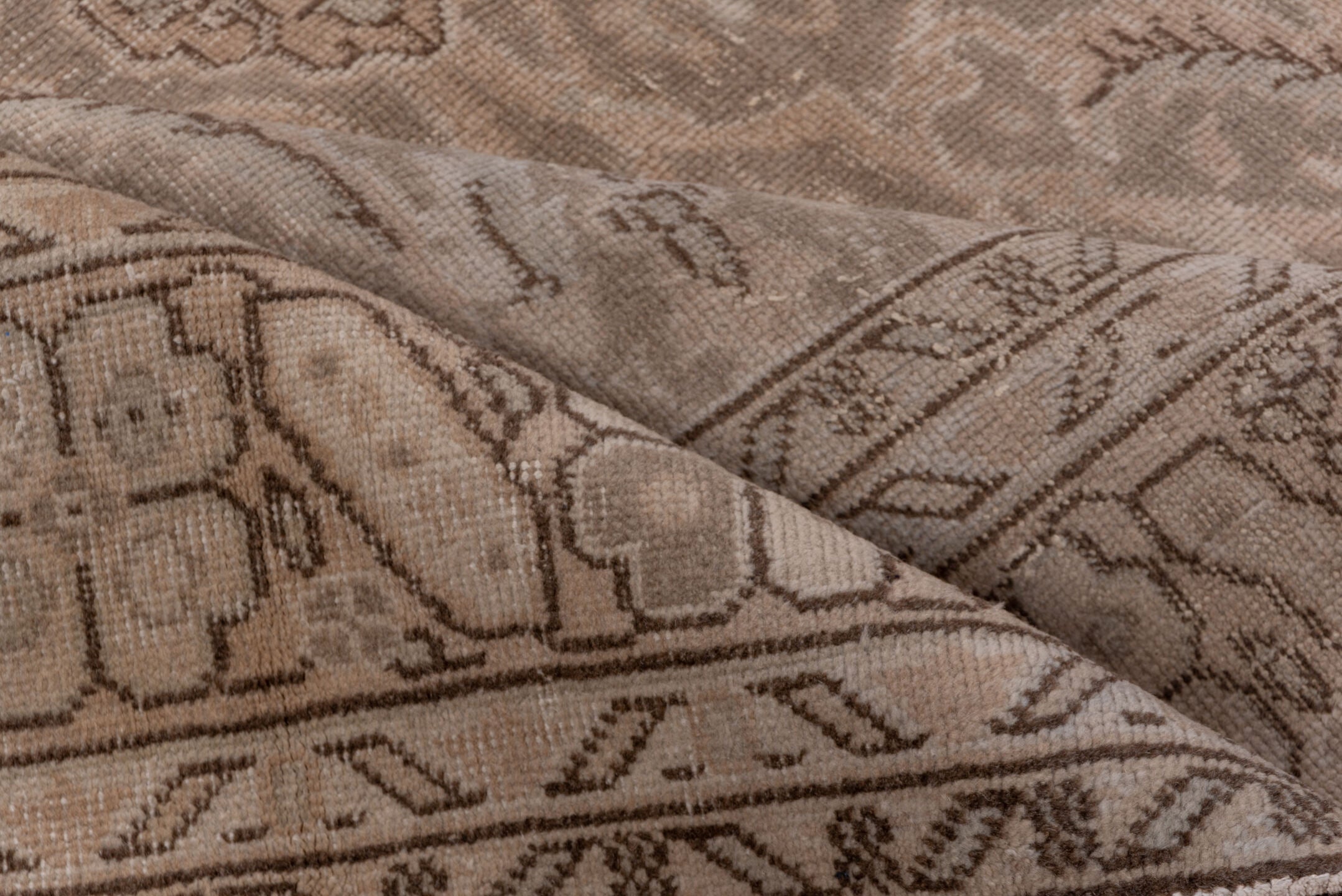 6' x 9' one-of-a-kind handmade vintage Oushak medium size rug. Color palette: brown, gray, light gray, off-white, pink