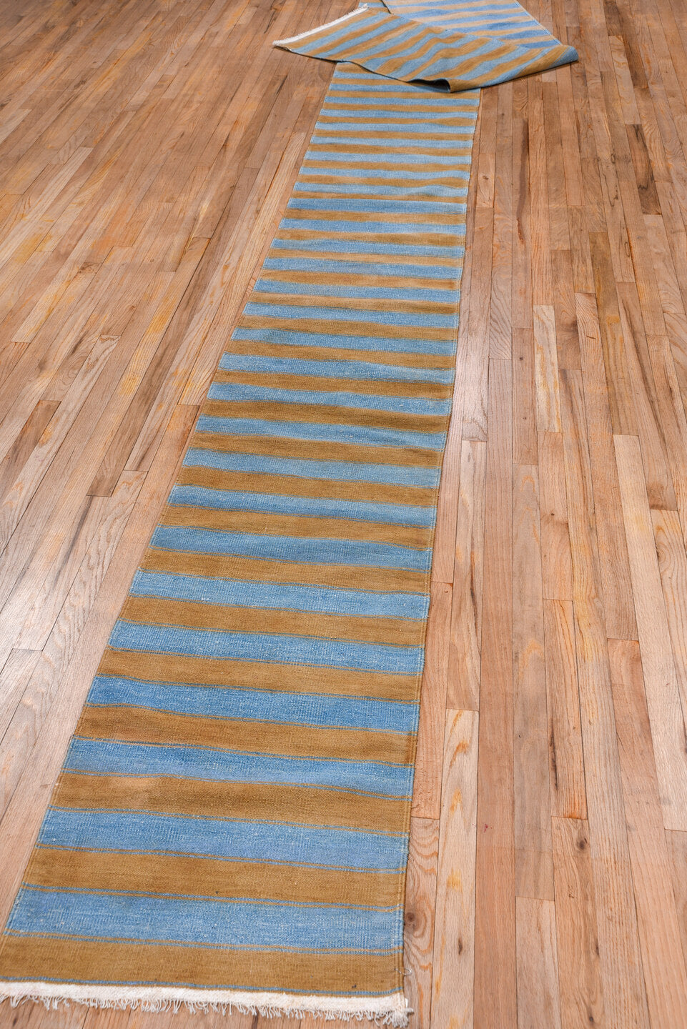 2' x 24' one-of-a-kind handmade vintage Dhurrie runner rug. Color palette: sky blue, camel, ivory, light blue, beige